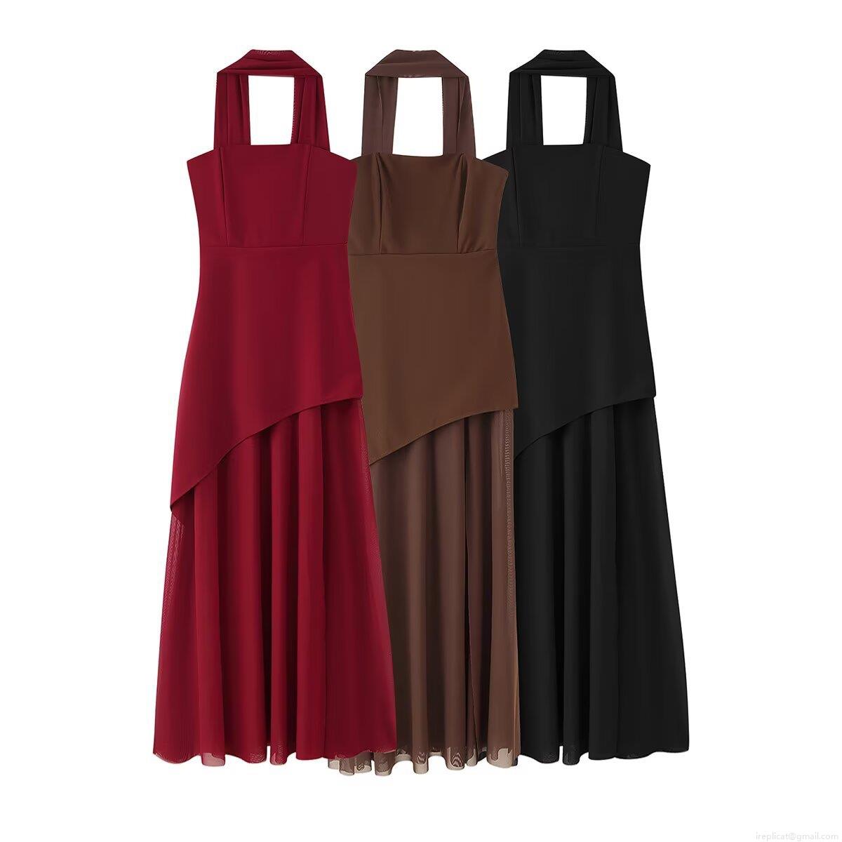 Elegant Halter Neck Maxi Dress For Women Sexy V-Neck Asymmetric Layered Hem Backless Slim Fit Polyester Long Party Dress For Evening Vacation