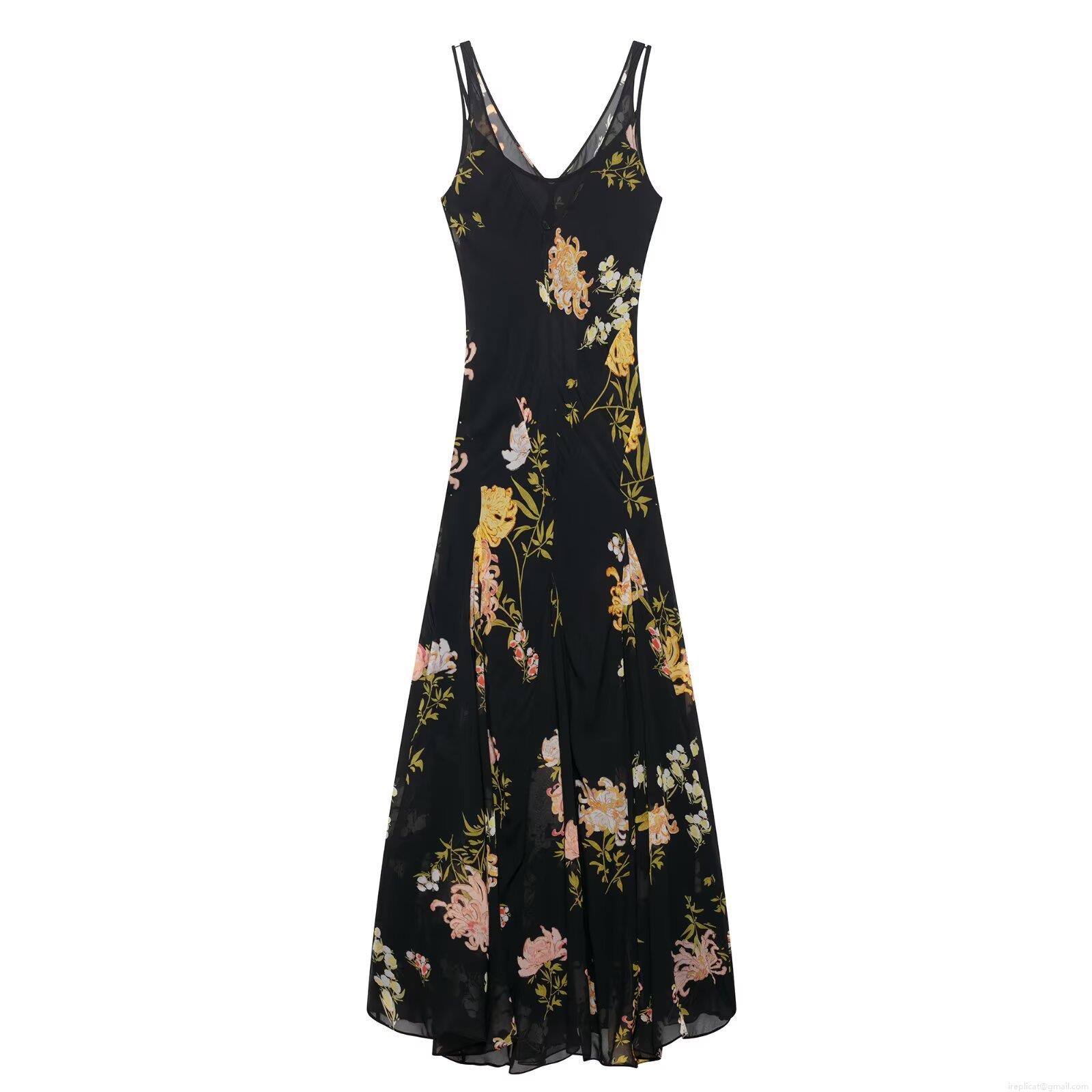 Women's French Elegant Floral Print Maxi Dress Sexy V-Neck Double Spaghetti Strap Sleeveless Backless A-Line Long Dress For Summer Beach Party Vacation