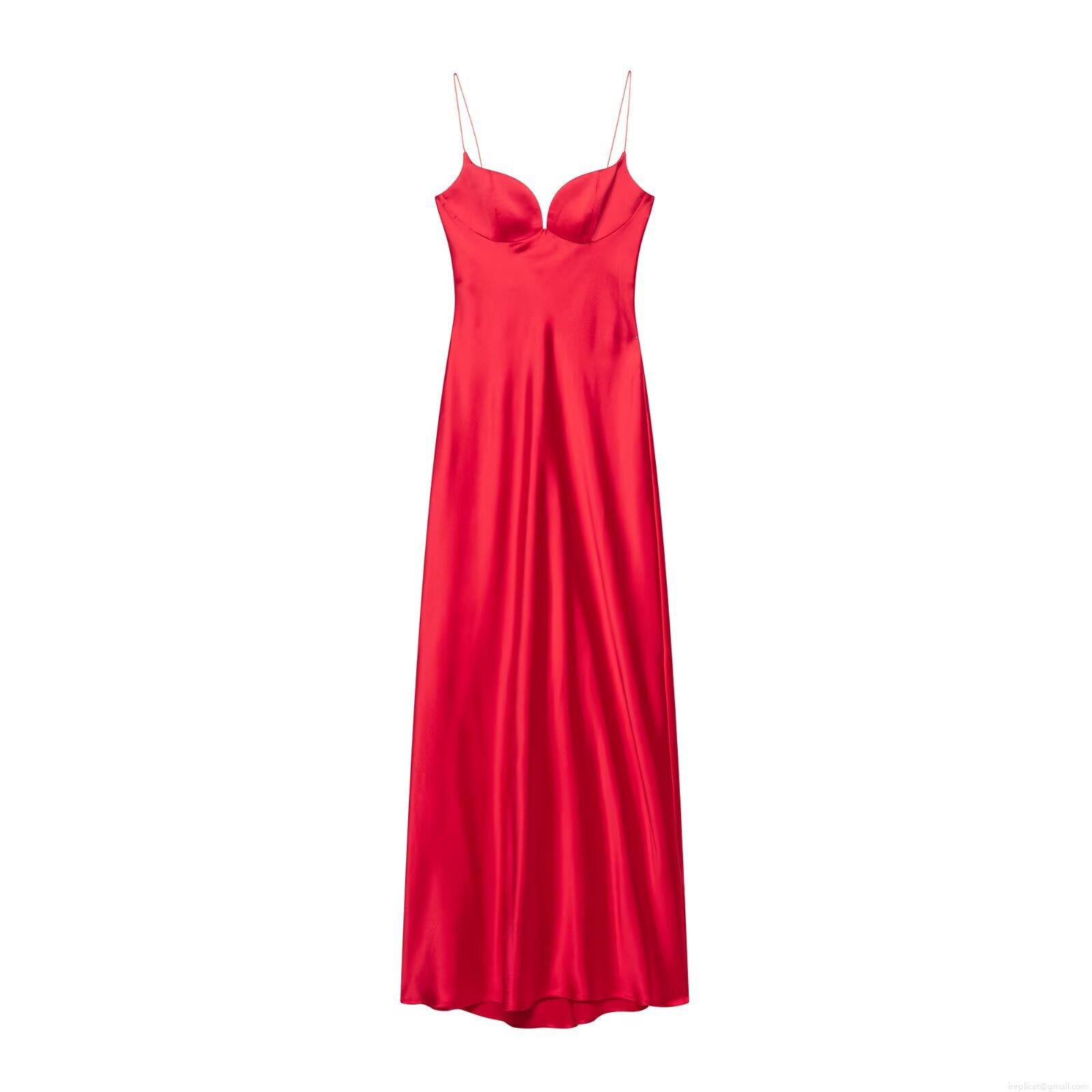 Women Elegant Red Satin Maxi Dress Sexy V Neck Spaghetti Strap Backless Long Evening Party Dresses High Quality Polyester Silk Like Prom Gown