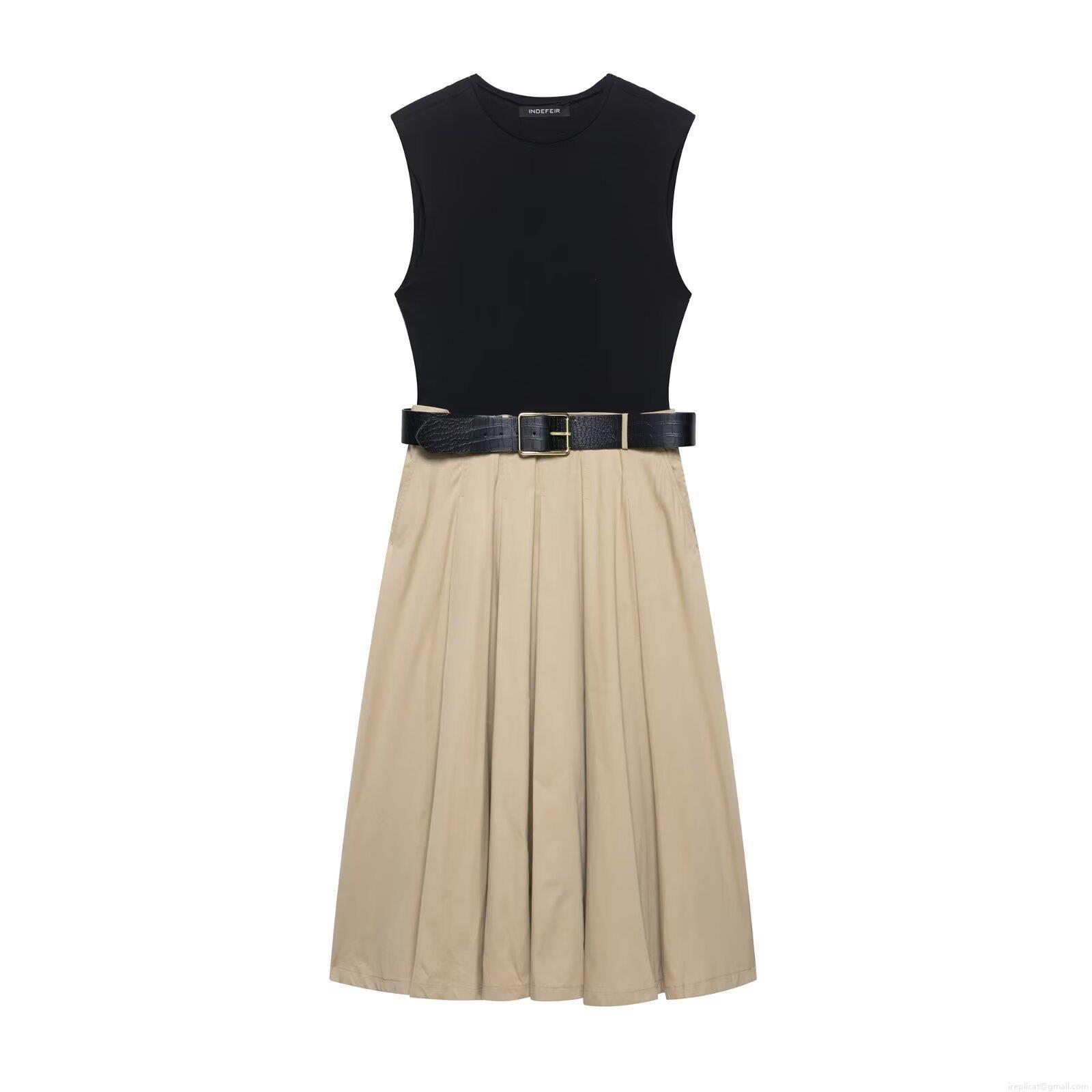 Women's Sleeveless Shoulder Pads Color Block Stitching Maxi Dress Elegant Round Neck Pleated Patchwork Long Dress With Crocodile Pattern Belt
