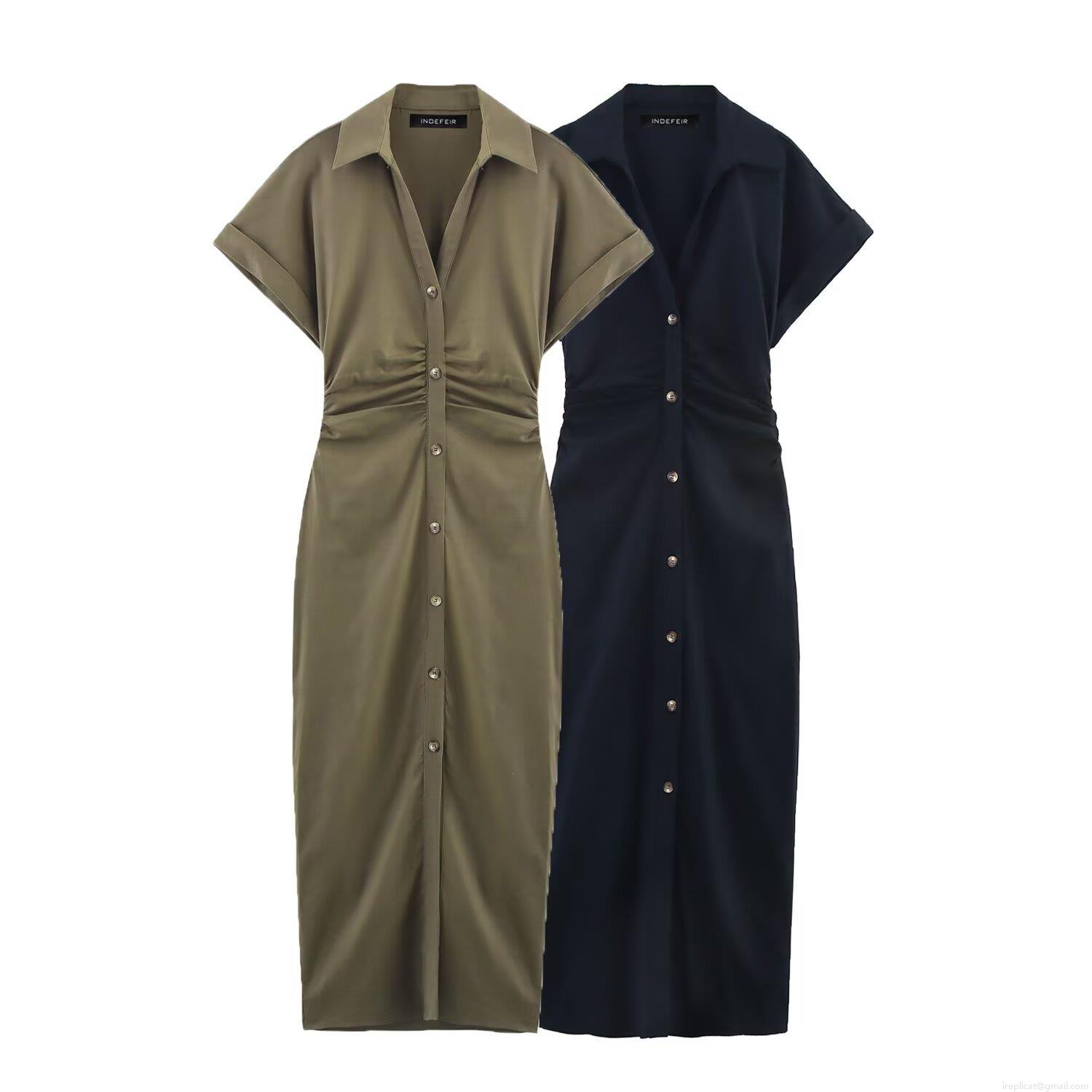 Women Elegant Short Sleeve Shirt Dress Polyester Solid V-Neck Waist Pleated Single Breasted Maxi Dress Office Daily Lady Style Long Dress