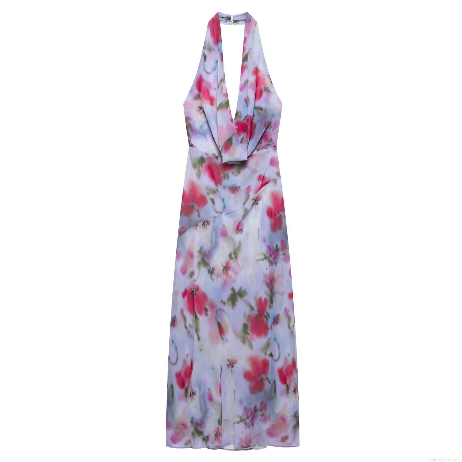 Women Halter Neck Floral Print Maxi Dress Elegant V Neck Backless Sleeveless Polyester Chiffon Long Dress For Summer Vacation Beach Party