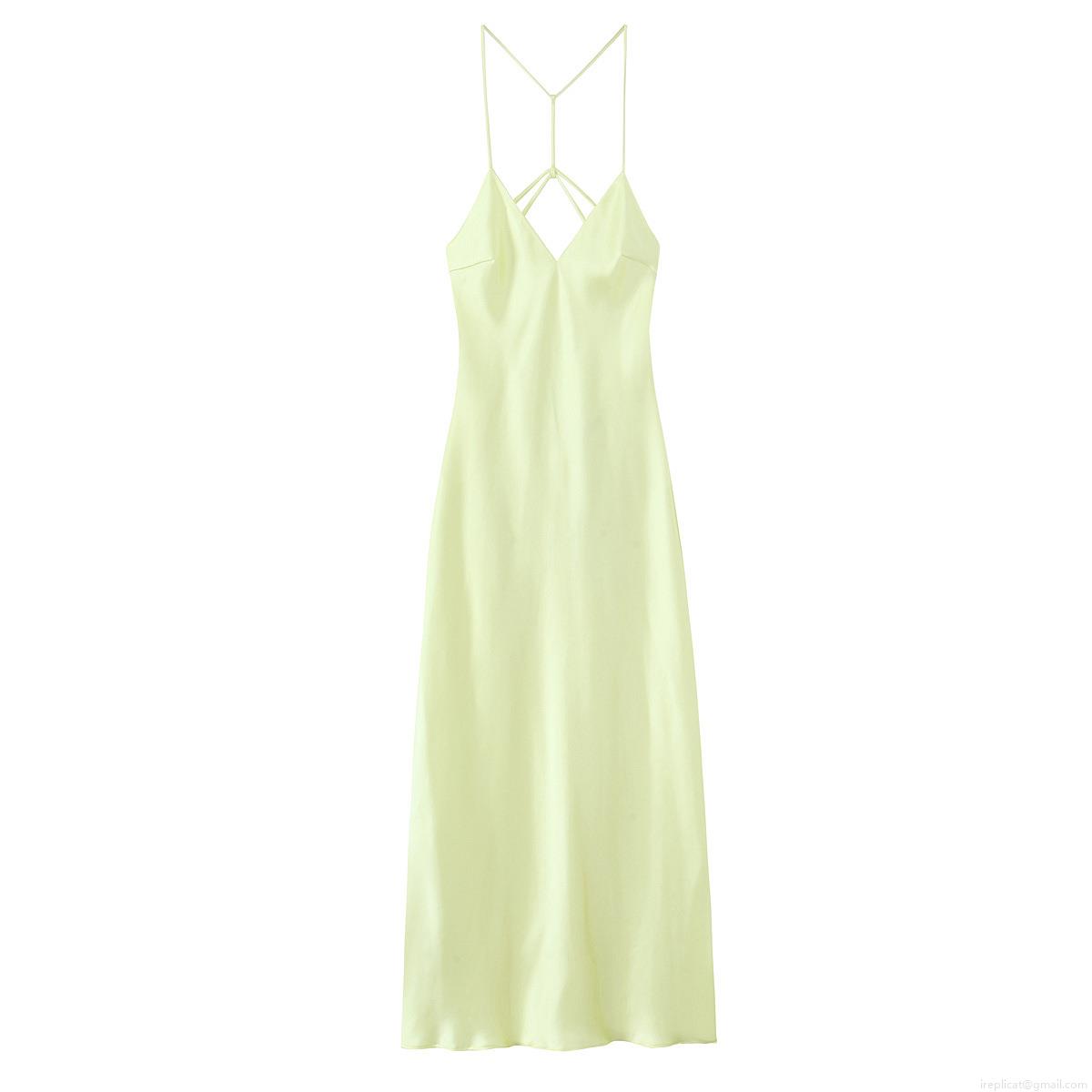 Sexy Backless Satin Maxi Dress V-Neck Criss-Cross Strappy Lace-Up Silk Texture Evening Party Summer Dress for Women Elegant Slim Fit Neon Yellow Long Dress