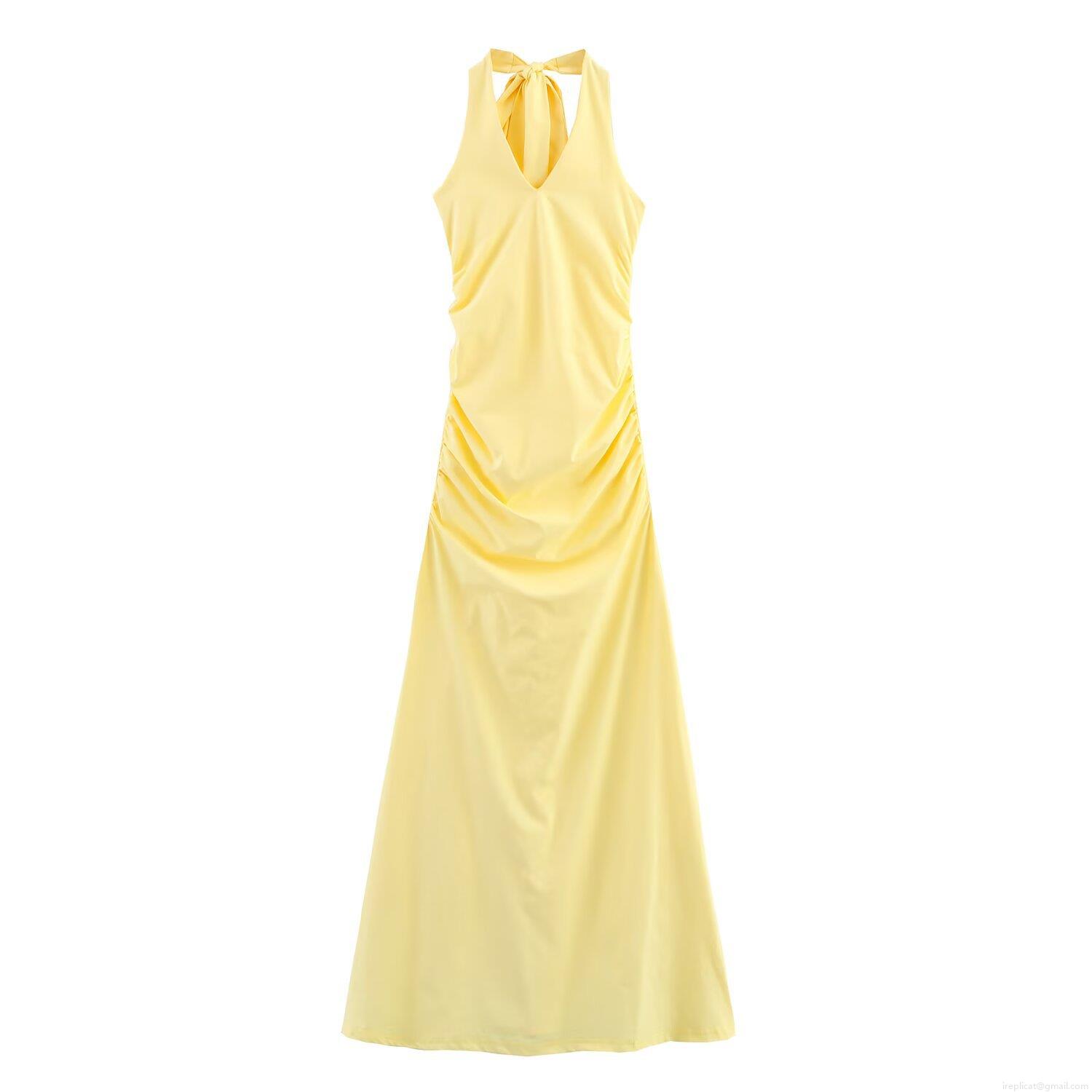 Women Elegant Halter Neck Maxi Dress Solid Yellow Ruched V-Neck Backless Sleeveless Party Dress Polyester Socialite Style Long Dress For Banquet Dating