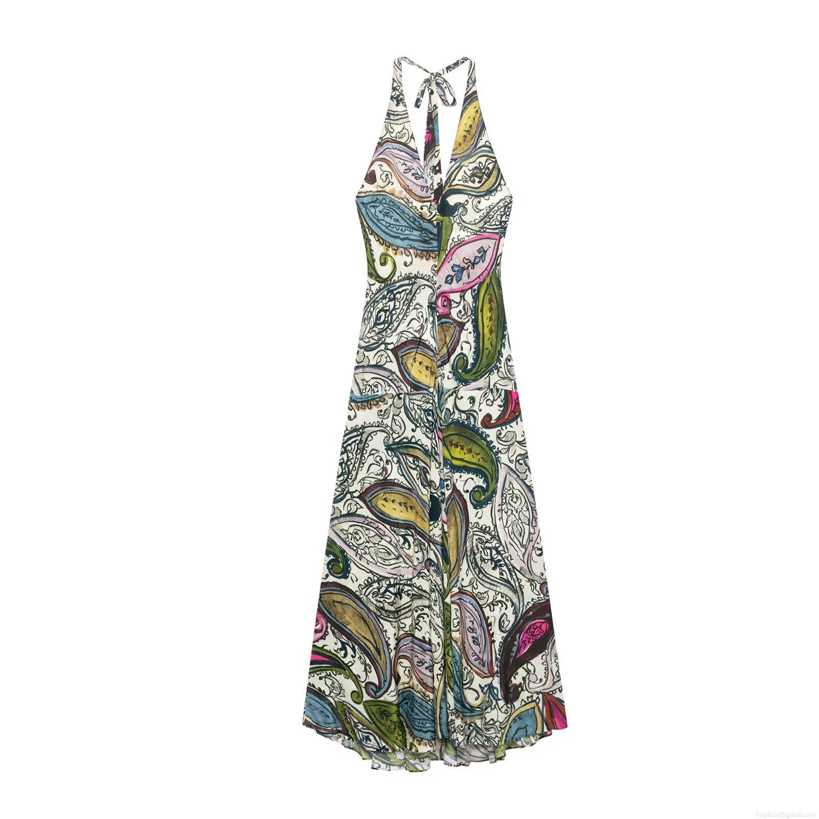 Women's Sexy Halter Neck Paisley Print Maxi Dress Backless V-Neck Boho Sleeveless Elegant Long Dress For Summer Beach Vacation Party Wear