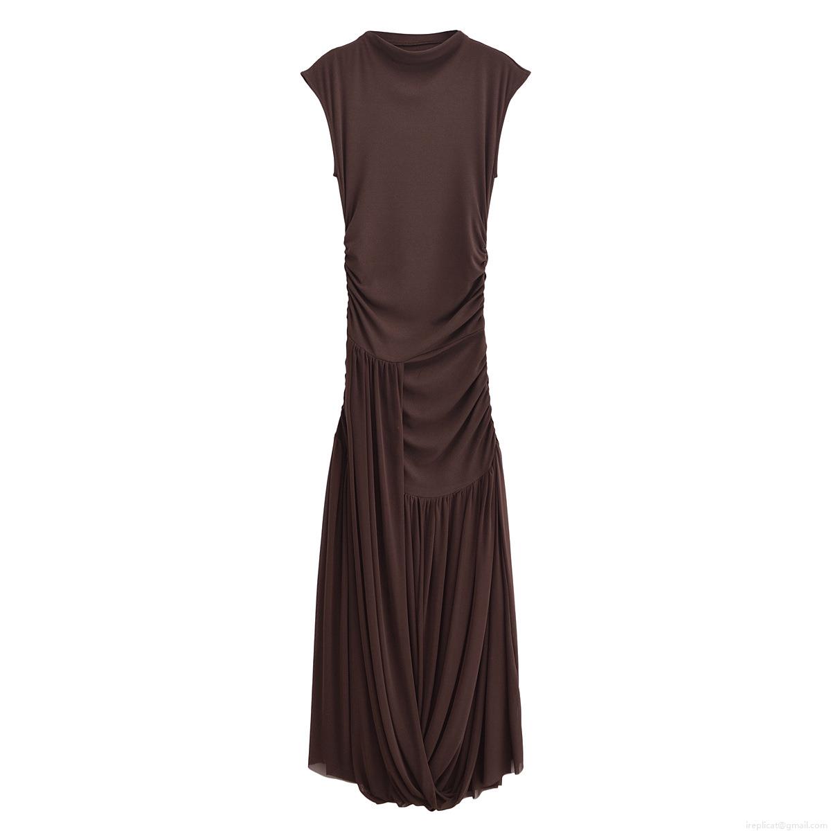 Women's Elegant Mesh Spliced Sleeveless Maxi Dress Sexy Pleated Bodycon Dark Brown Ribbed Knit Long Dress For Party Club Night Out Summer Fashion