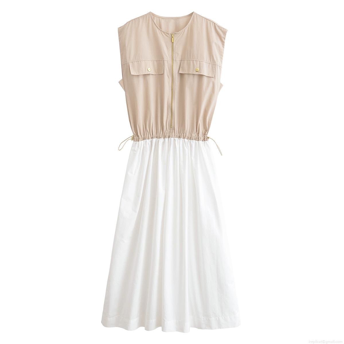 Women Color Block Patchwork Maxi Dress Sleeveless Round Neck Zip Front Drawstring Waist Poplin Dress With Gold Buttons Pockets Casual Elegant Long Party Dress