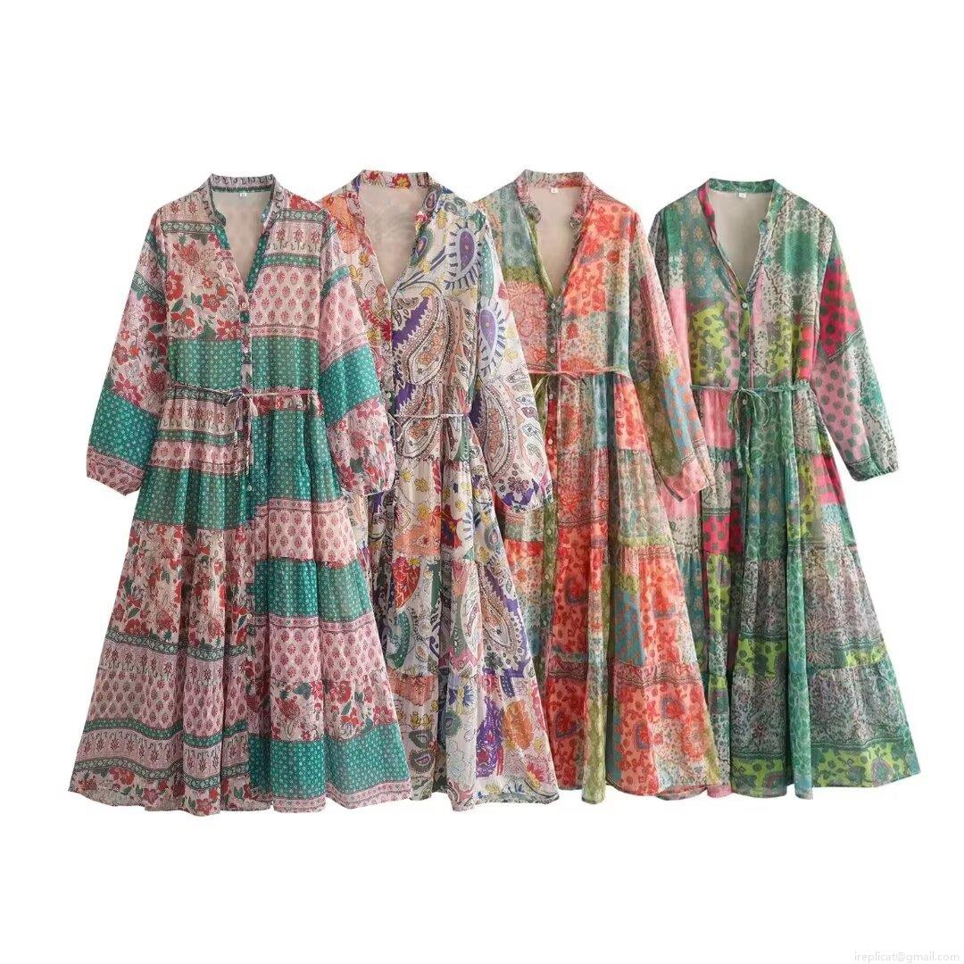Bohemian V-Neck Maxi Dress For Women Long Sleeve Tiered Patchwork Paisley Floral Print Polyester With Gold Metallic Thread Vacation Party Dresses
