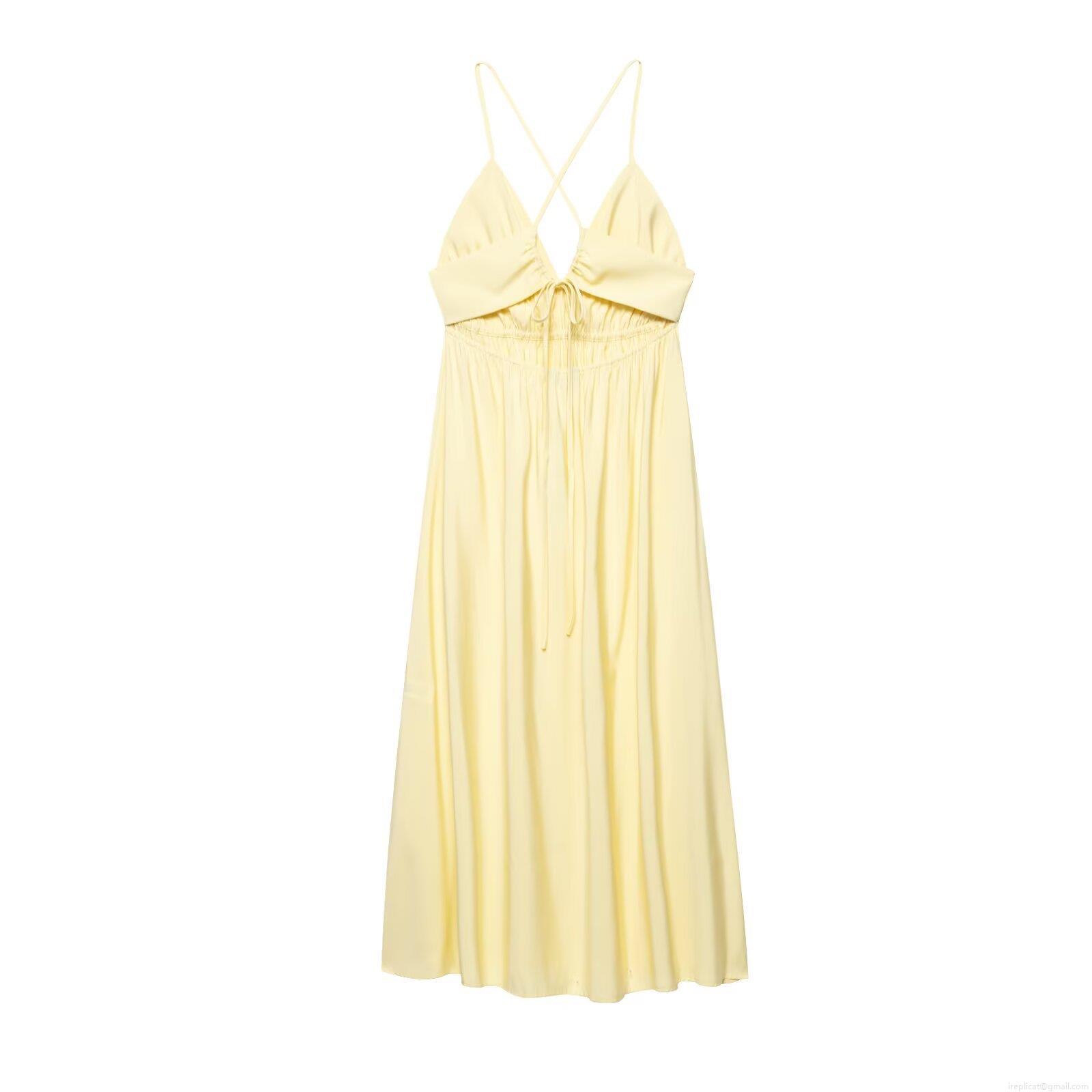 Women's Sexy V-Neck Backless Maxi Dress Elegant Solid Light Yellow Polyester Blend Criss-Cross Strap Drawstring Ruched Dress For Party Vacation