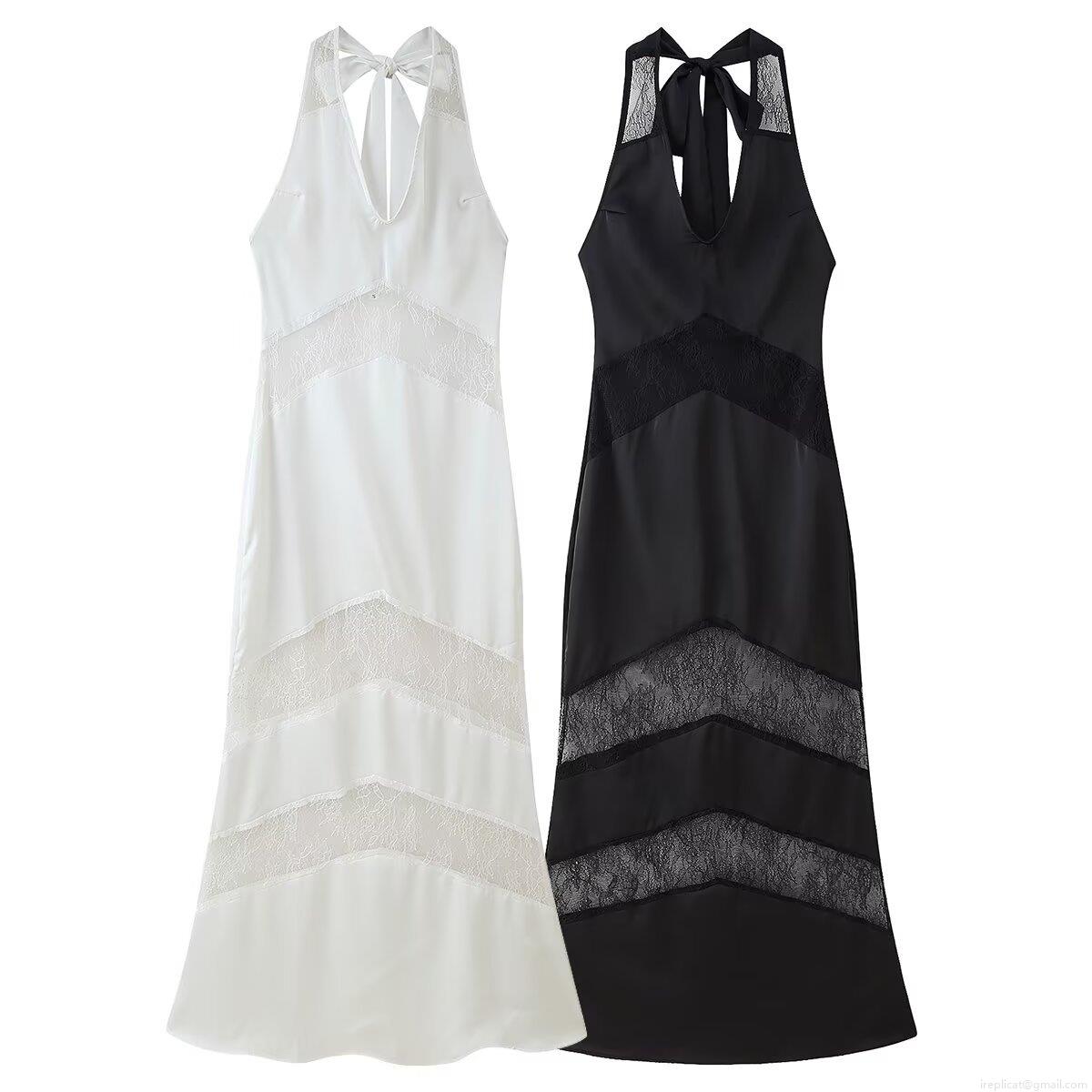 Elegant Women's Satin and Lace Patchwork Maxi Dress Halter V-Neck Backless Sleeveless Evening Party Wedding Guest Long Dress With Bow