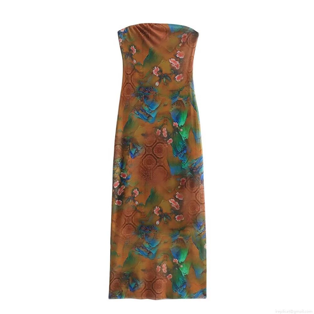Women's Sexy Strapless Maxi Dress Polyester Mesh Abstract Floral Print Slim Fit Tube Long Dress for Party Vacation Elegant Clothing
