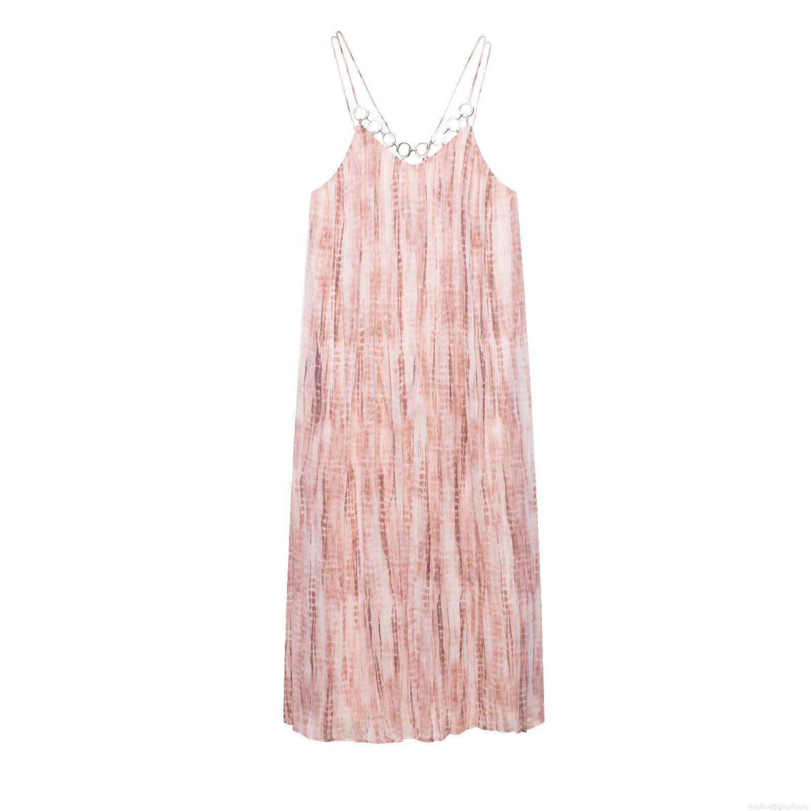 Sexy Women's Tie Dye Maxi Dress Elegant Metal Ring Spaghetti Strap Pleated Chiffon Camisole Dress Pink Brown Banquet Evening Party Gown