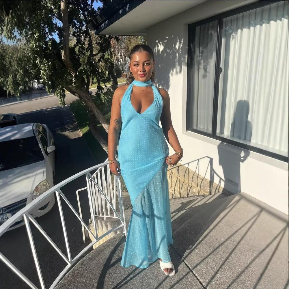 Sexy Polka Dot Halter Neck Maxi Dress Women's Backless Slim Fit Mesh Patchwork Long Party Dress Elegant Summer Beach Vacation Sundress
