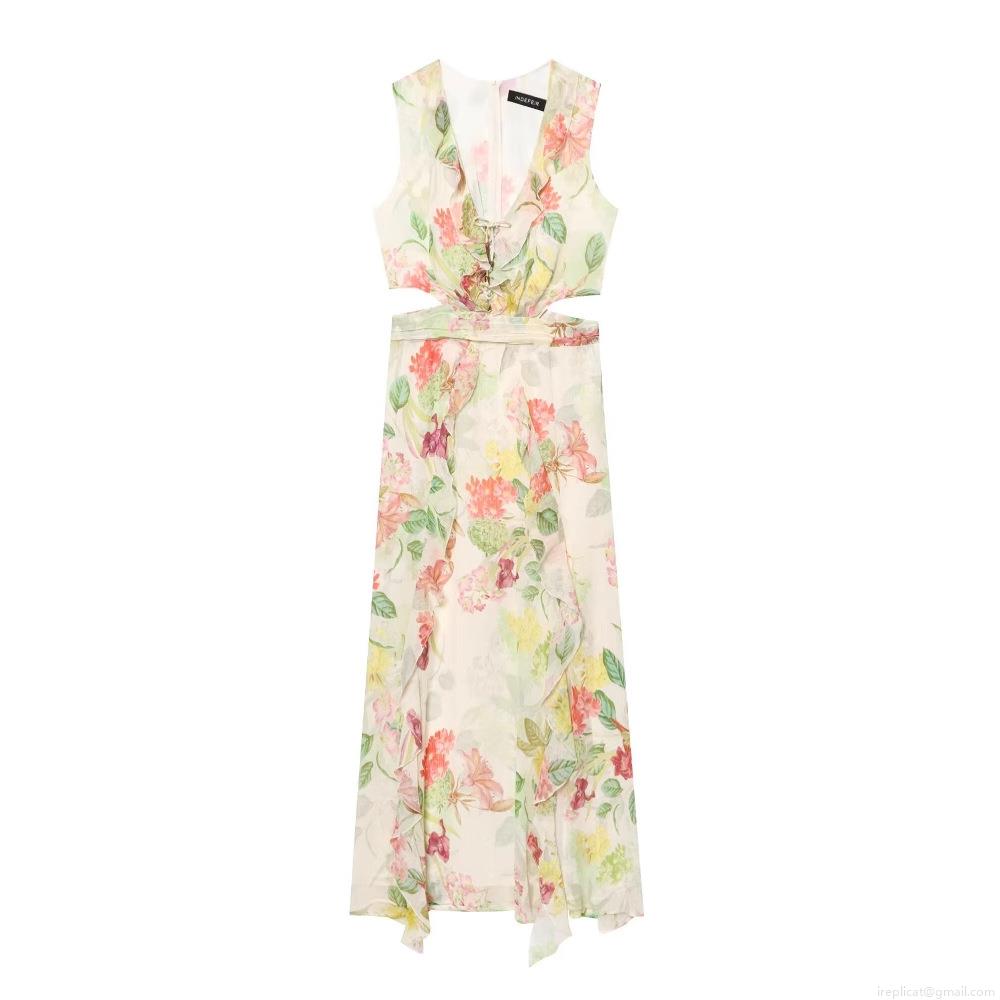 Women's Elegant Floral Print V-Neck Sleeveless Maxi Dress With Waist Cut-Out Ruffle Trim Chiffon Texture Sun Dress For Party Summer Vacation