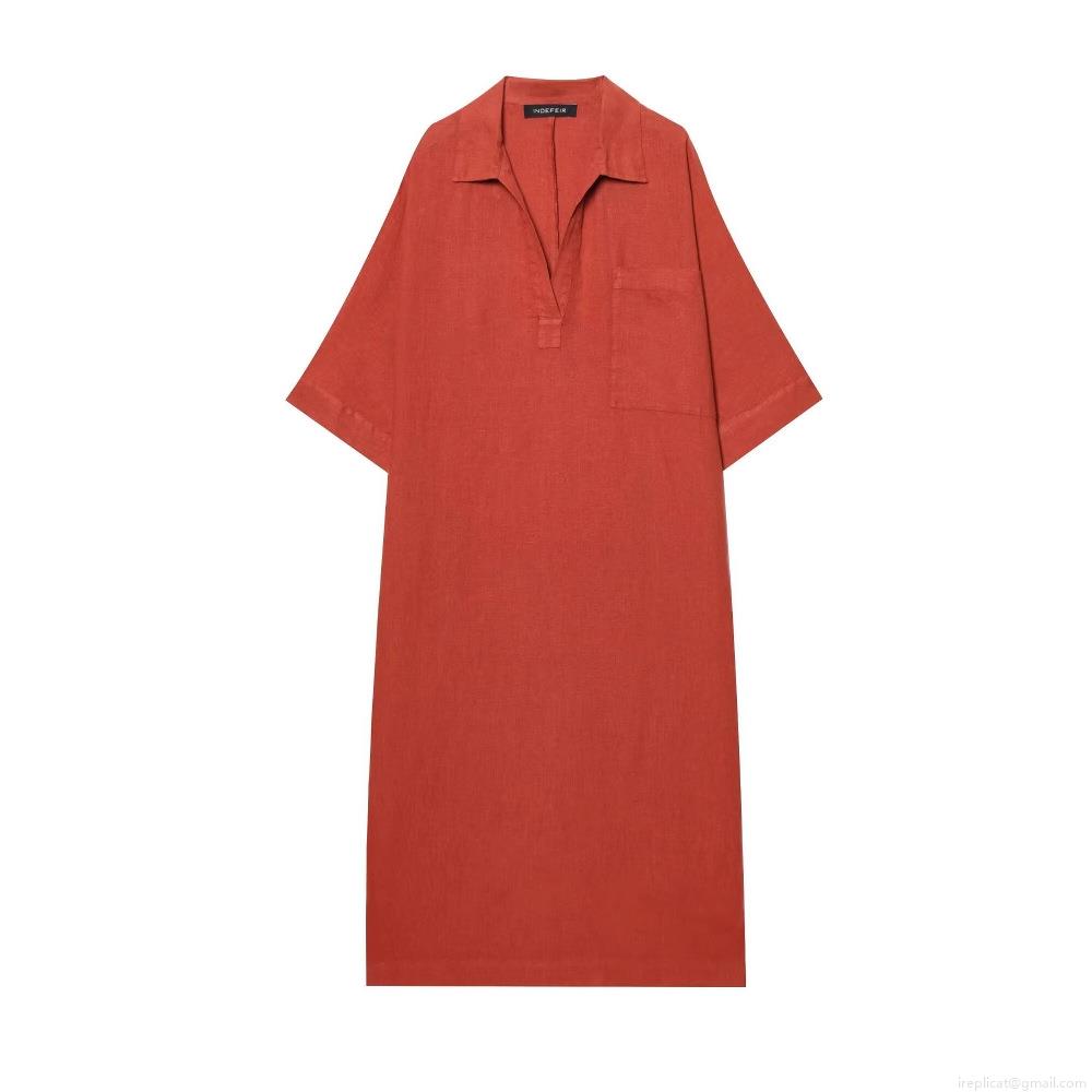 Women's Solid Color Linen Texture Maxi Dress V Neck Short Sleeve With Pocket Loose Casual Summer Dress Elegant Breathable Long Tunic Gown For Women