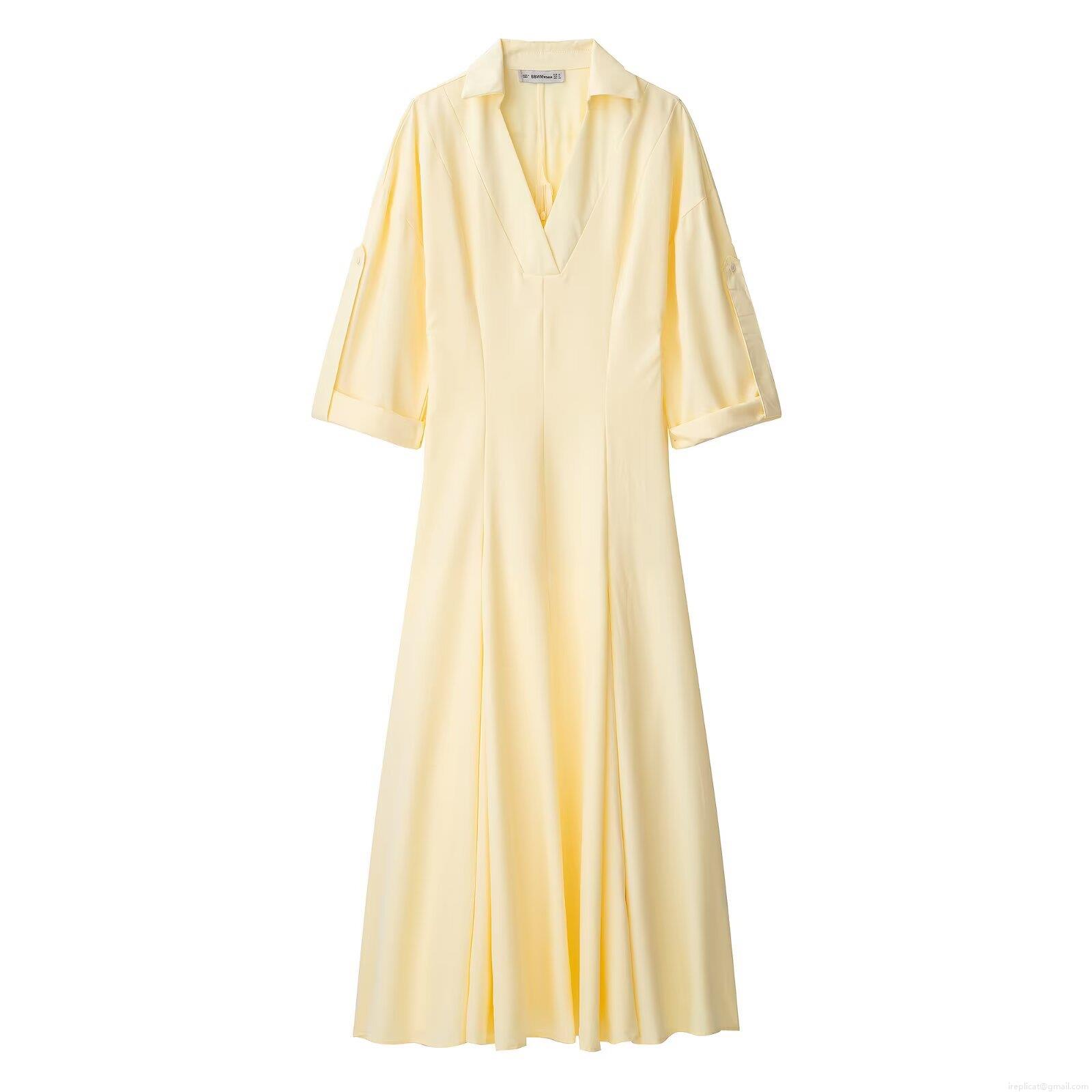 Women Elegant V Neck Shirt Maxi Dress 100% Polyester Short Sleeve A Line Swing Dress For Daily Party Dating Solid Pale Yellow Fashion Gown