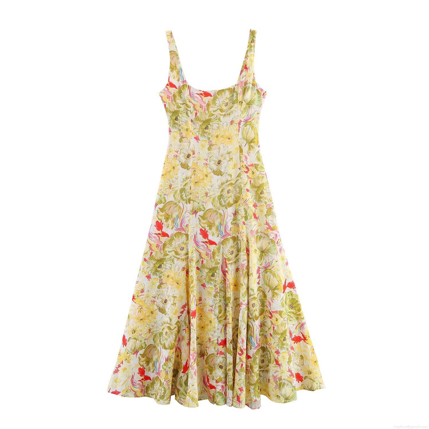 Women Elegant Floral Print Spaghetti Strap Maxi Dress Summer Linen Blend U-Neck Sleeveless A-Line Long Dress For Vacation Party Lady