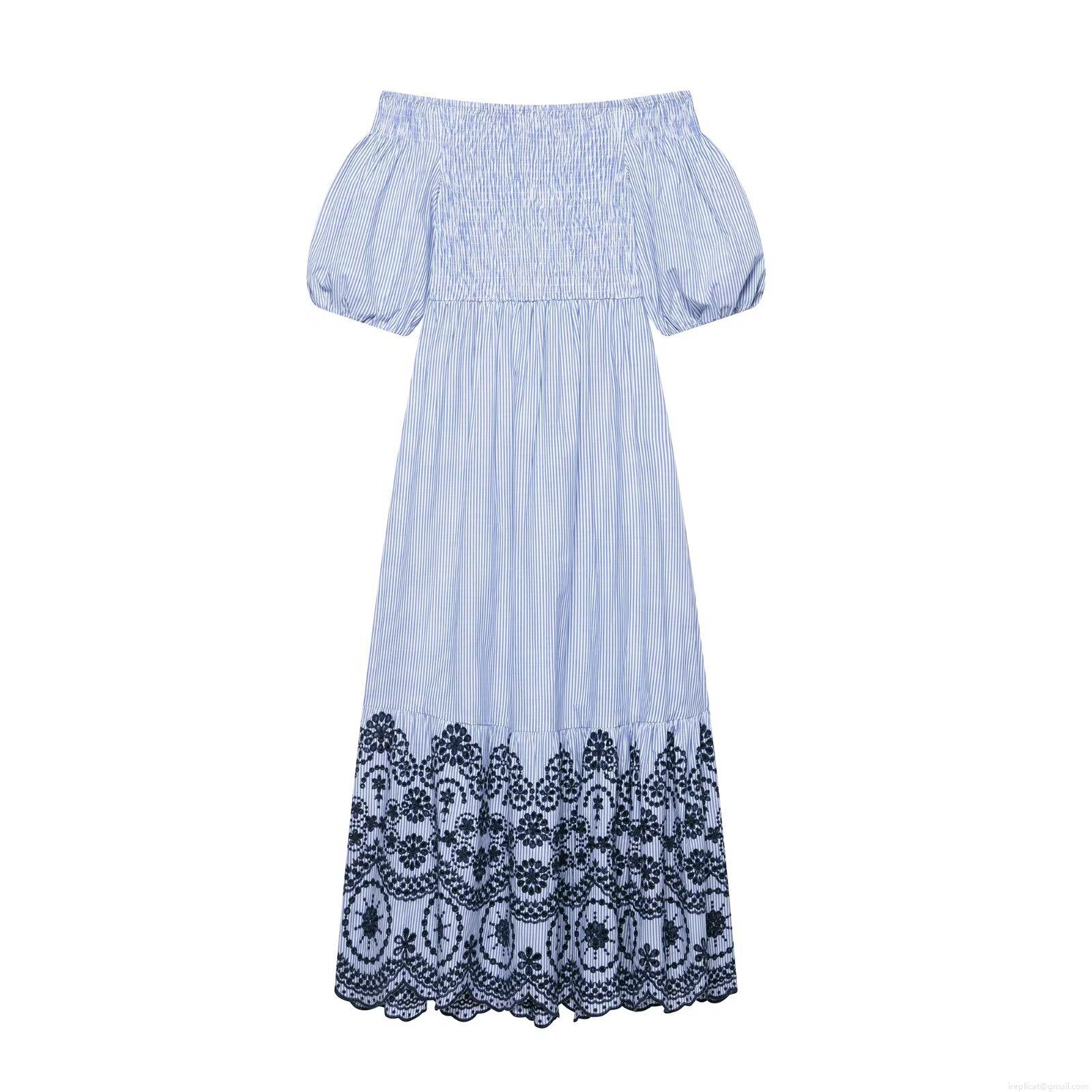 Women's French Style Off Shoulder Blue and White Striped Maxi Dress With Black Floral Embroidery Hollow Out Hem Smocked Bodice Puff Sleeve Elegant Summer Vacation Party Long Dress