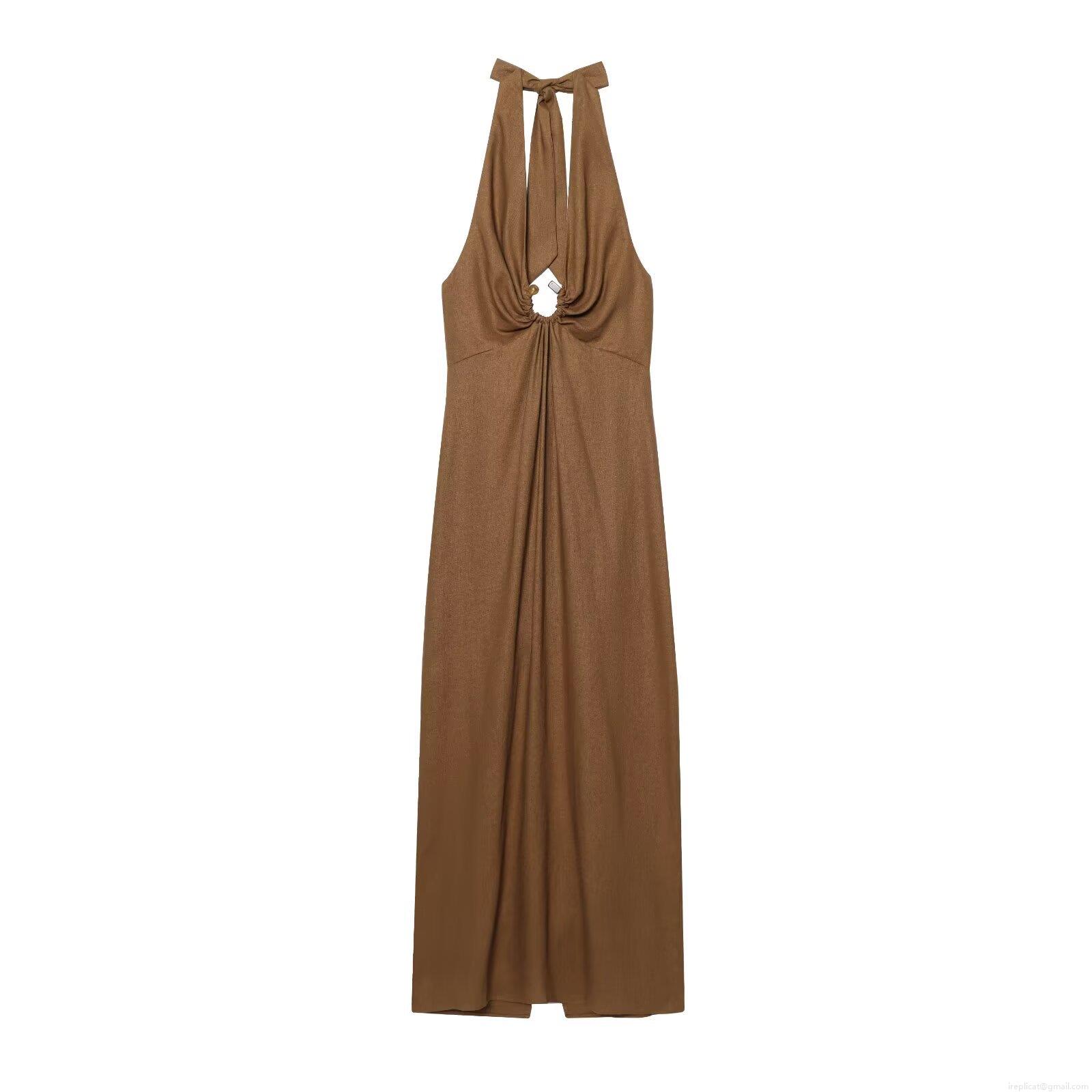 Women's Halter Neck Maxi Dress Elegant Polyester Faux Linen Split Hem Backless Long Dress For Party Wedding Vacation Sophisticated Slim Fit Ladies Clothing