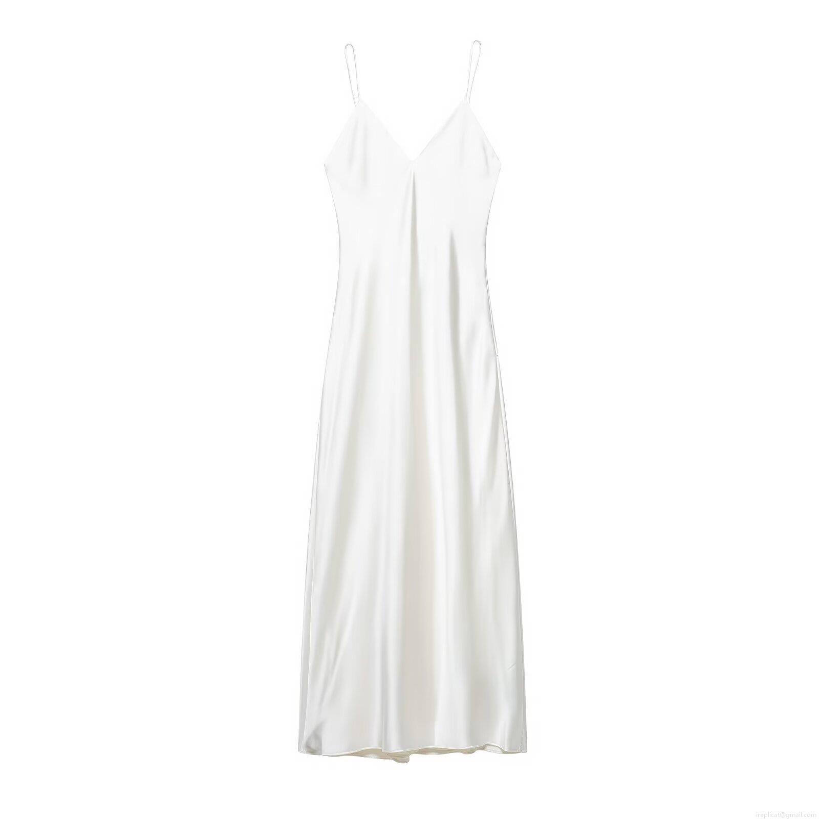 Women's Elegant Satin Spaghetti Strap Maxi Dress Sexy V-Neck Sleeveless Solid White Silk Like Backless Long Party Evening Slip Dress