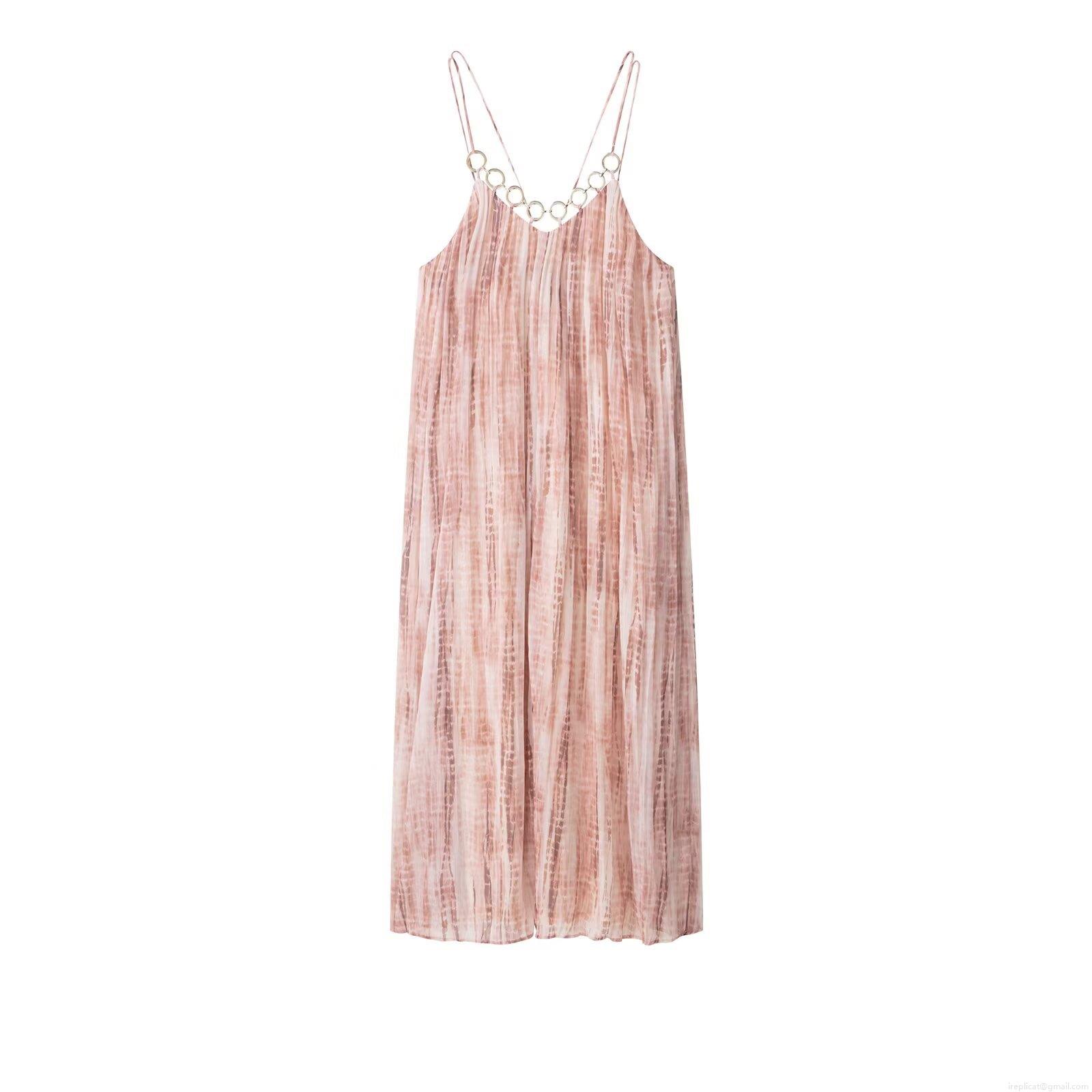 Women's Elegant Tie Dye Marble Print Pleated Maxi Dress Spaghetti Strap V Neck With Metal Ring Decoration Polyester Long Dress For Party Vacation