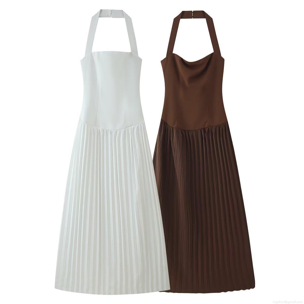 Women Elegant Halter Neck Pleated Maxi Dress Solid Color Sleeveless A-Line Long Dress For Party Club Evening Lady Polyester Dress
