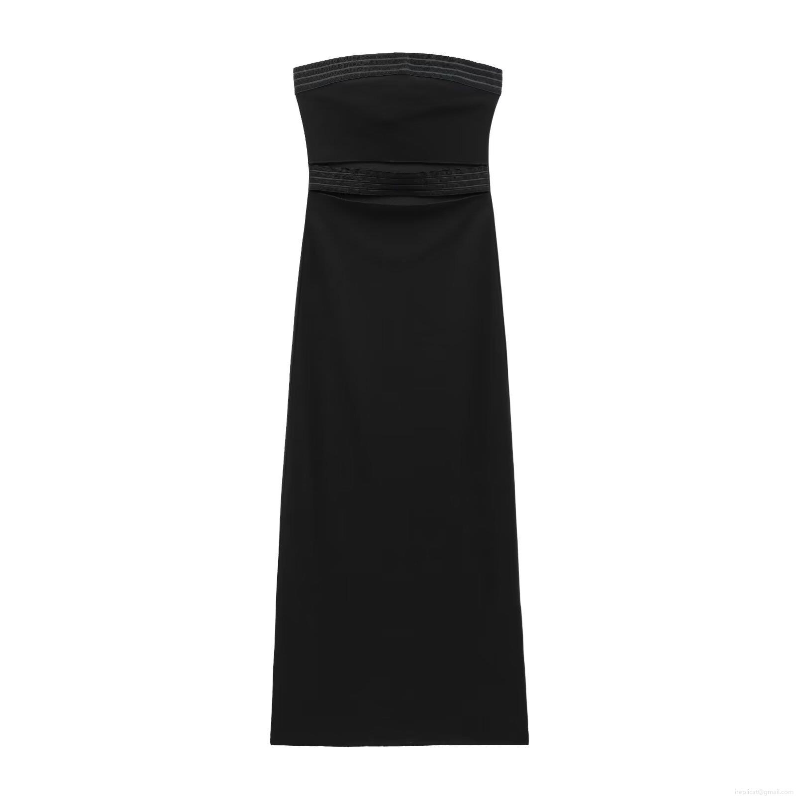 Women's Sexy Strapless Hollow Out Maxi Dress Elegant Elastic Slim Fit Bodycon Long Dress for Party Evening Clubwear Solid Color Black