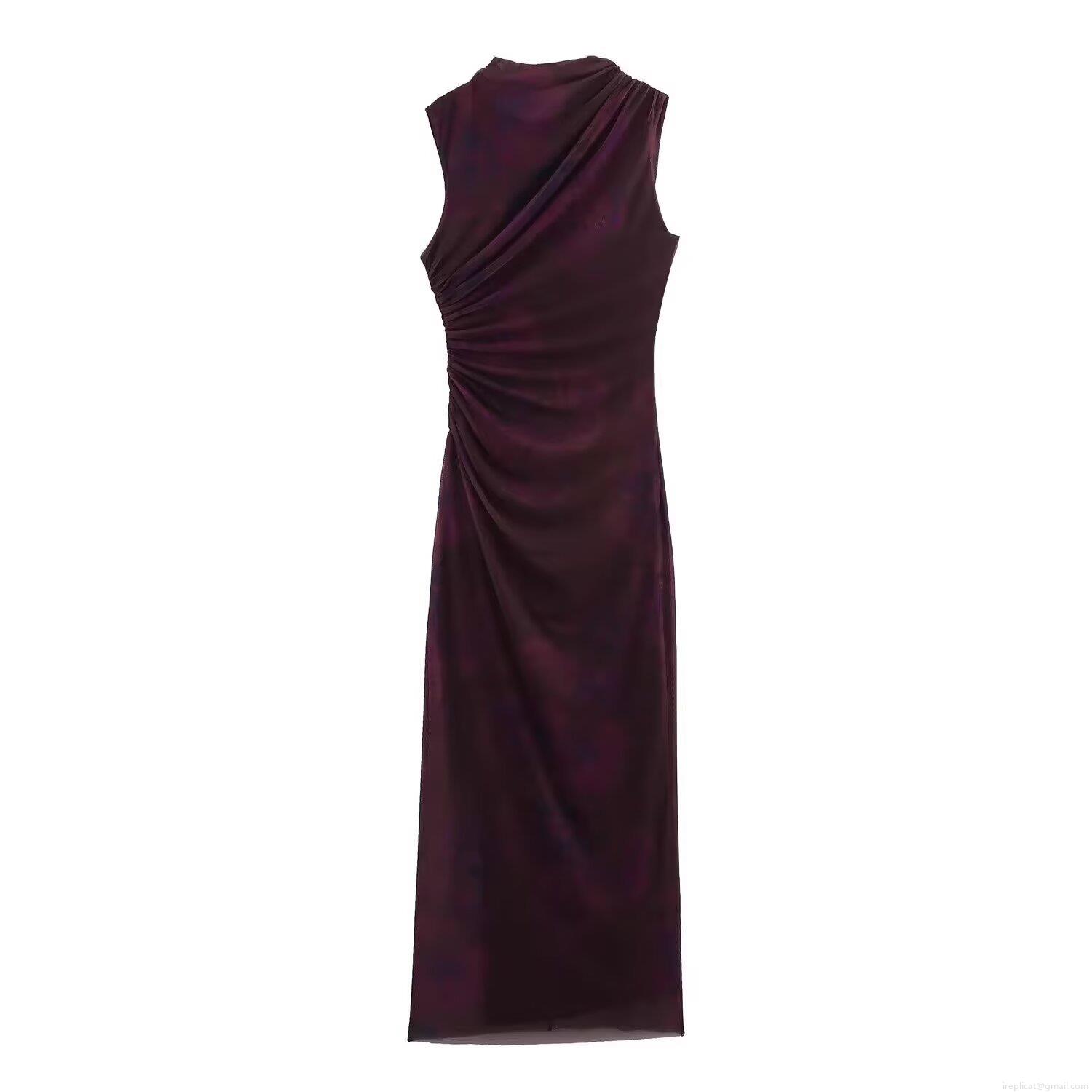 Women's Elegant Ruched Sleeveless Maxi Dress Polyester Mesh High Neck Slim Fit Bodycon Dress For Party Evening Clubwear