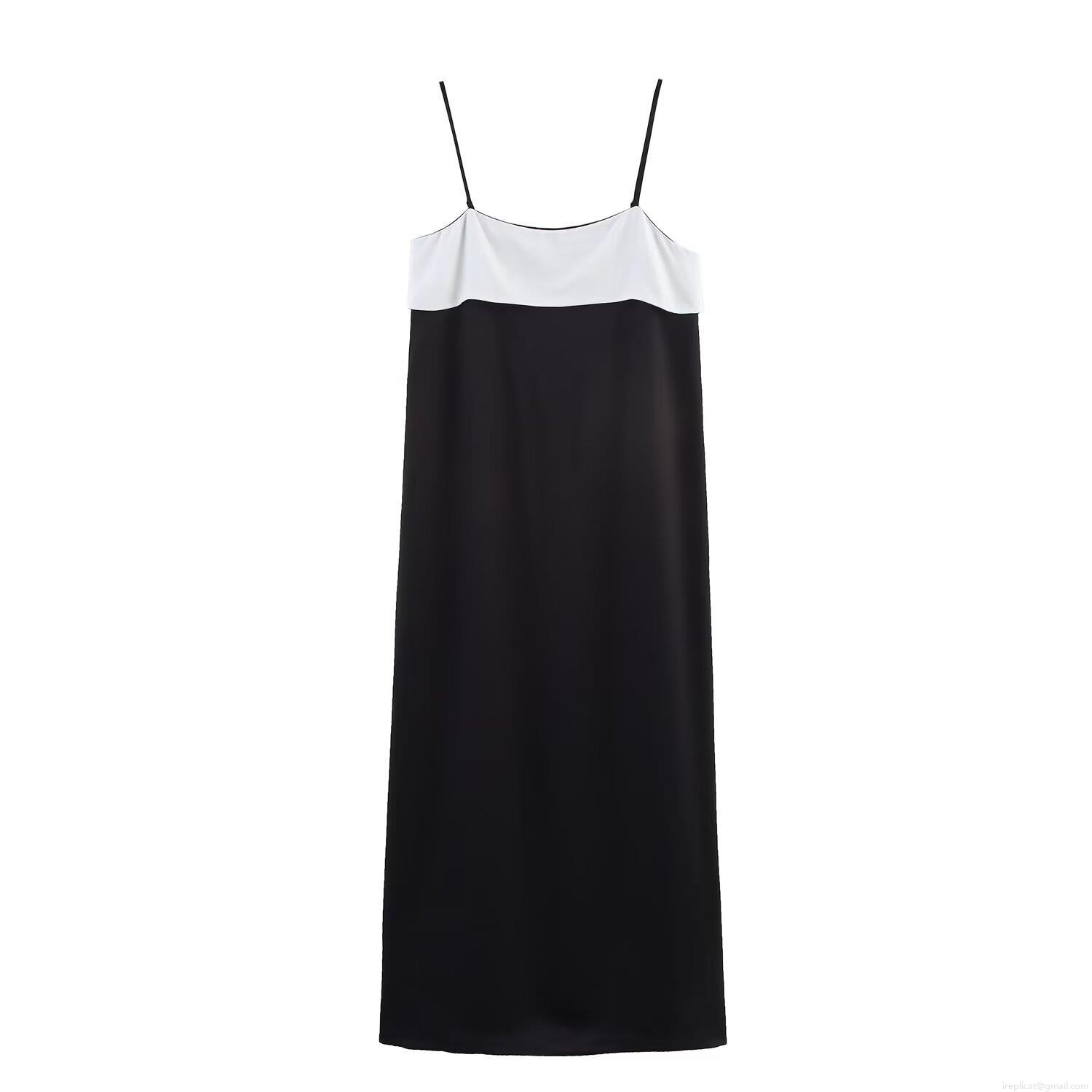 Elegant Spaghetti Strap Satin Maxi Dress Sexy Black and White Contrast Color Block Slim Fit Evening Party Wedding Guest Dress for Women