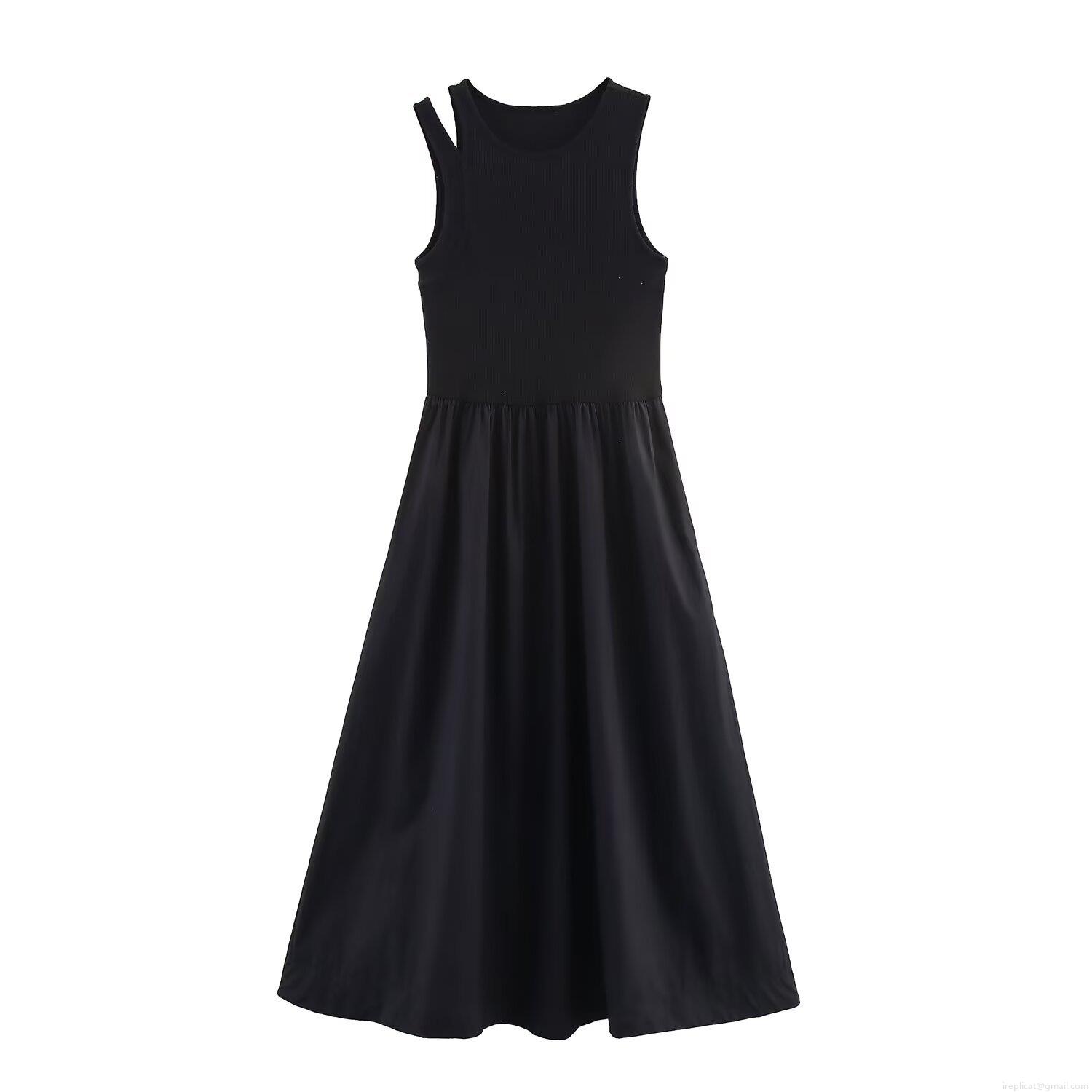 Women's Elegant Sleeveless Patchwork Maxi Dress Round Neck Ribbed Knit Top Woven Flare Skirt Hollow Out Shoulder Slim Fit Solid Color Casual Party Gown