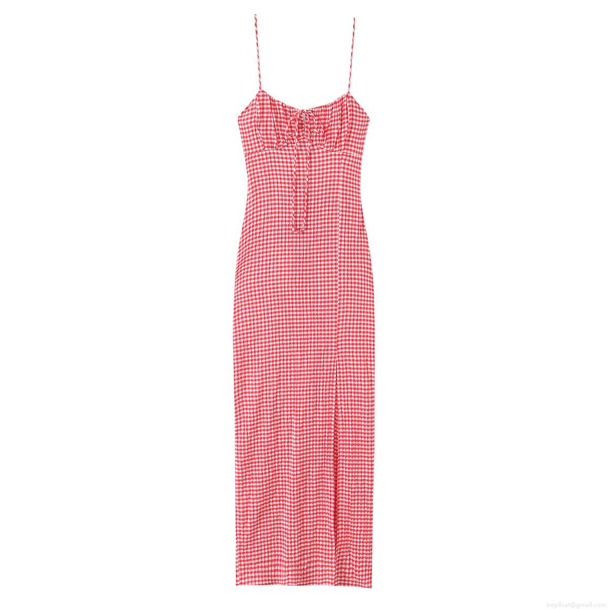 Women's Gingham Cami Maxi Dress French Style Red White Slim Fit Backless Tie Front Summer Vacation Sleeveless Long Dress Polyester Fabric