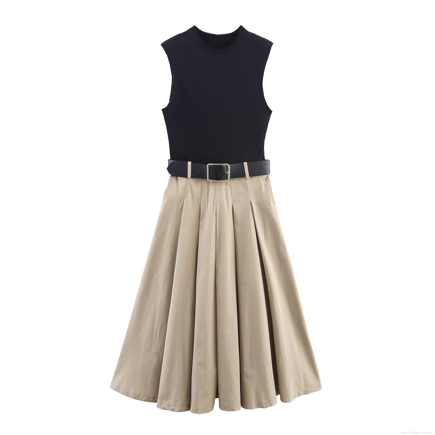 Women's Elegant Patchwork Sleeveless Maxi Dress With Shoulder Pads Round Neck Pleated Long Dress With Belt For Daily Commuting Office Lady Polyester Fabric