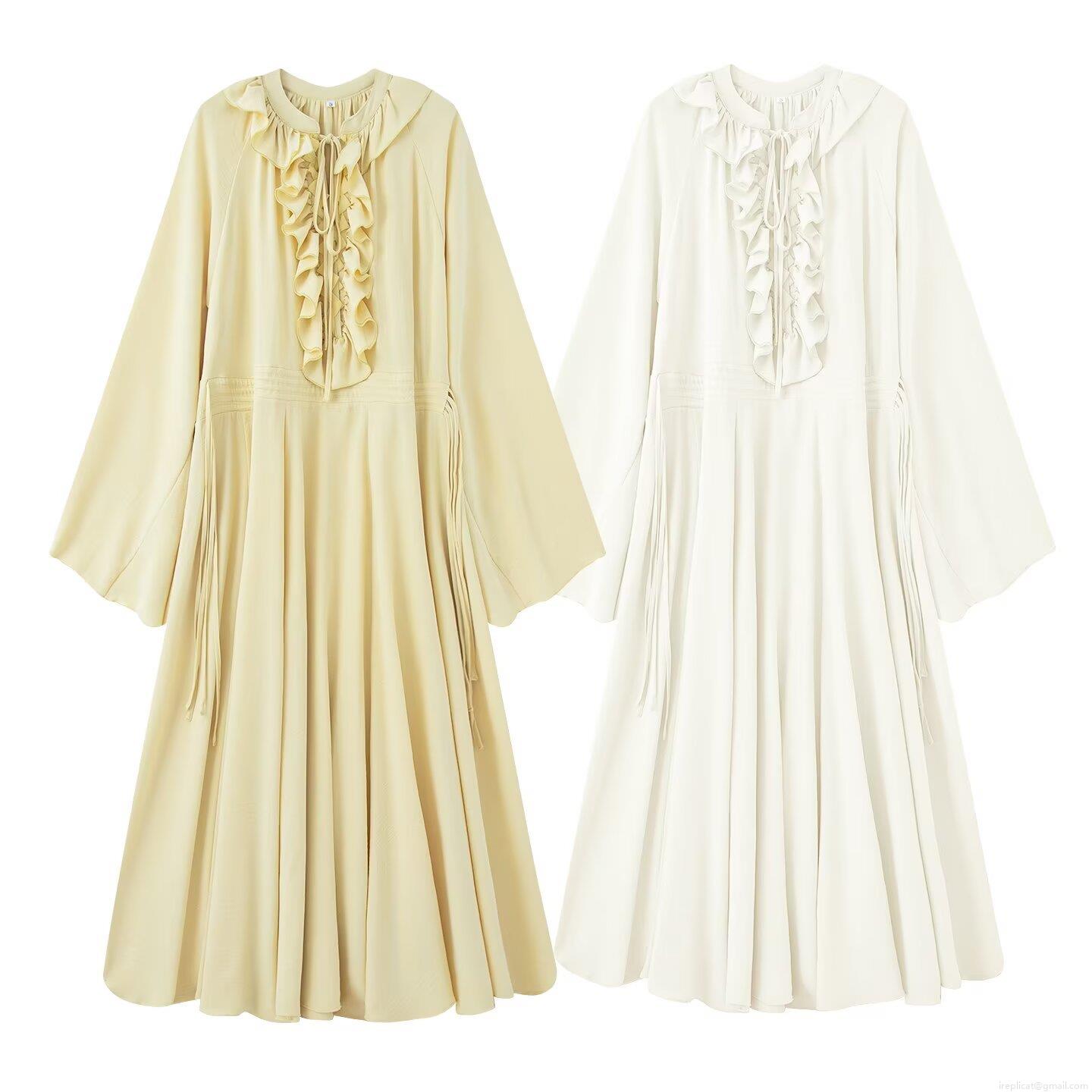 French Boho Maxi Dress Ruffle Stand Collar Long Sleeve Lace-up Waist Elegant Loose Pleated Polyester Women's Casual Party Socialite Solid Color Dress