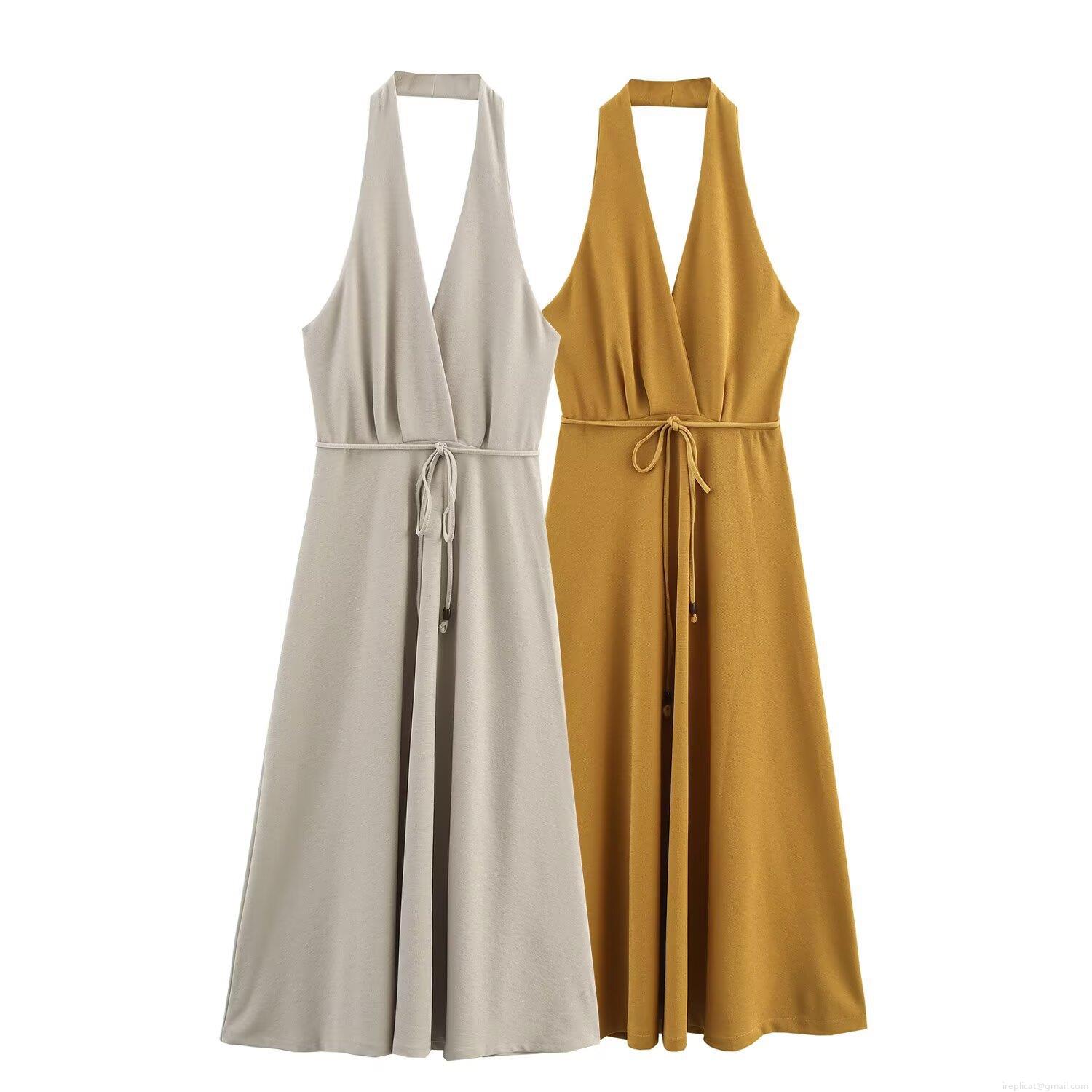 Women's Halter V Neck Backless Maxi Dress Polyester Drawstring Waist A-Line Sleeveless Long Dress For Summer Vacation Party Elegant Socialite Style