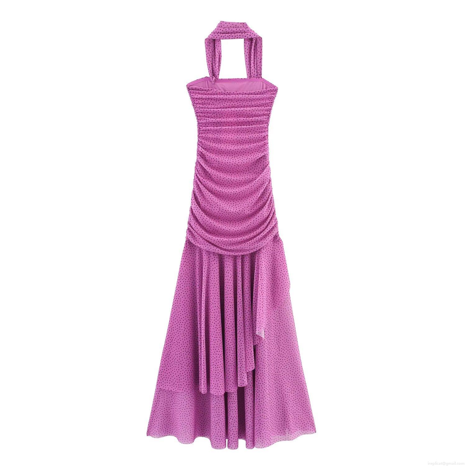 Elegant Halter Neck Polka Dot Mesh Maxi Dress Women's Sleeveless Ruffled Tiered Hem Sexy Backless Party Club Vacation Long Dress