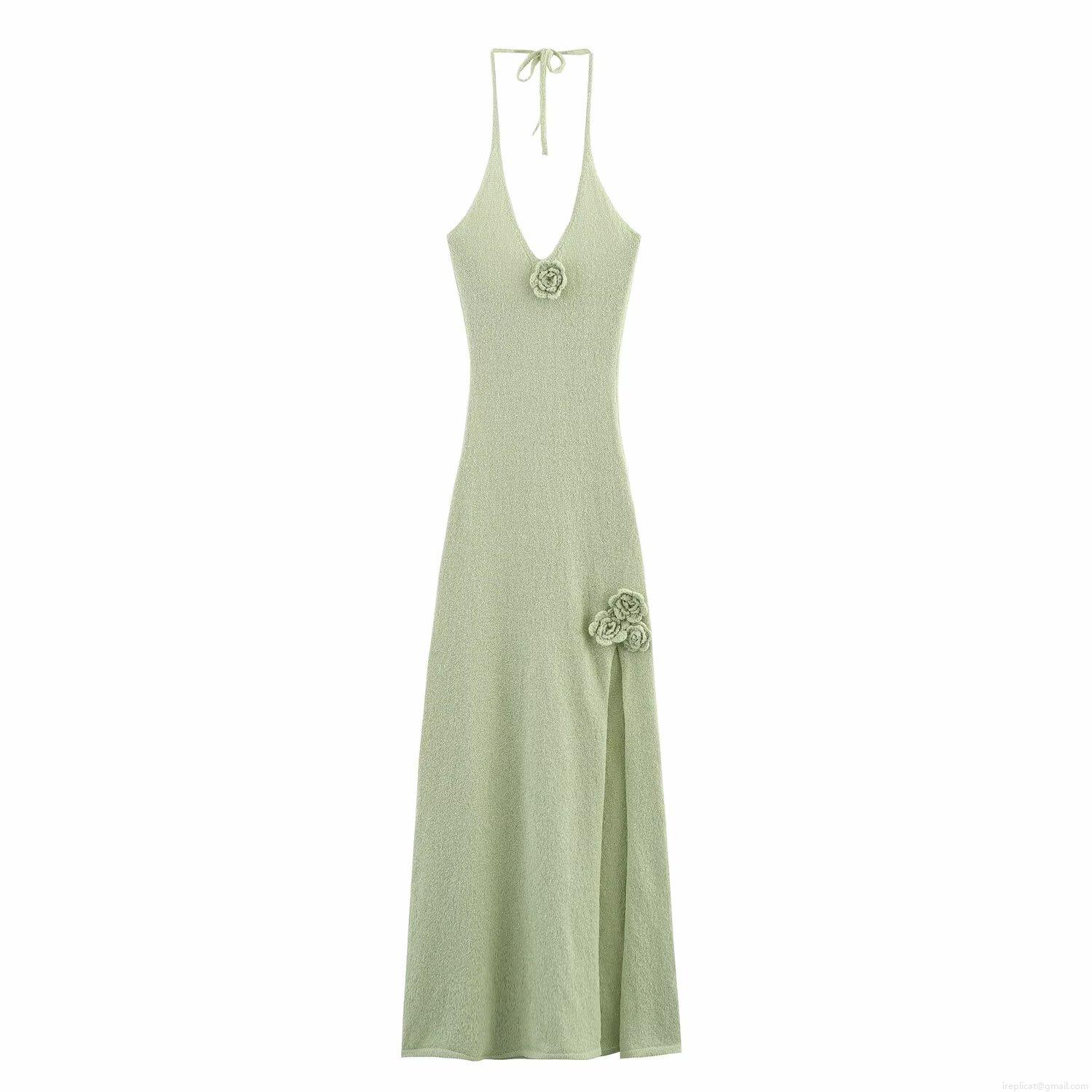 Elegant Women's Sexy Backless V-Neck Halter Maxi Dress With Knitted Flower Detail High Split Polyester Knitted Sleeveless Evening Party Dress