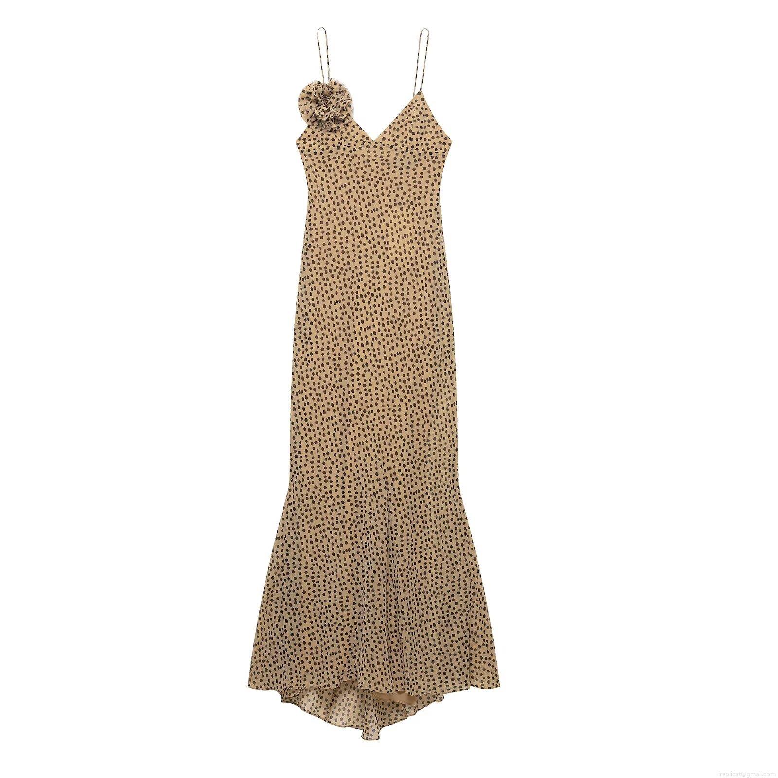 Women's Polka Dot Maxi Dress Elegant 3D Flower Decoration Spaghetti Strap Mermaid Hem Polyester Evening Party Long Dress For Ladies Spring Summer