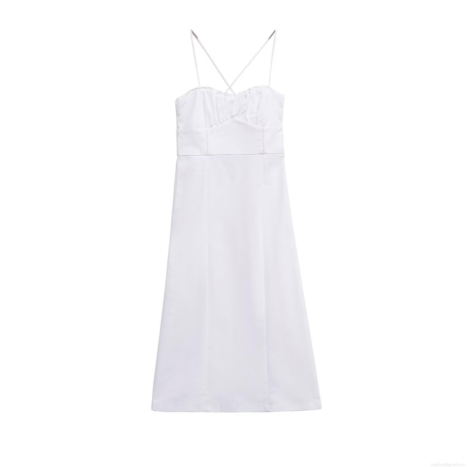 Women's Elegant White Backless Maxi Dress Spaghetti Strap V-Neck Lace Trim Ruffle Side Zipper Summer Party Night Sleeveless Evening Long Dress