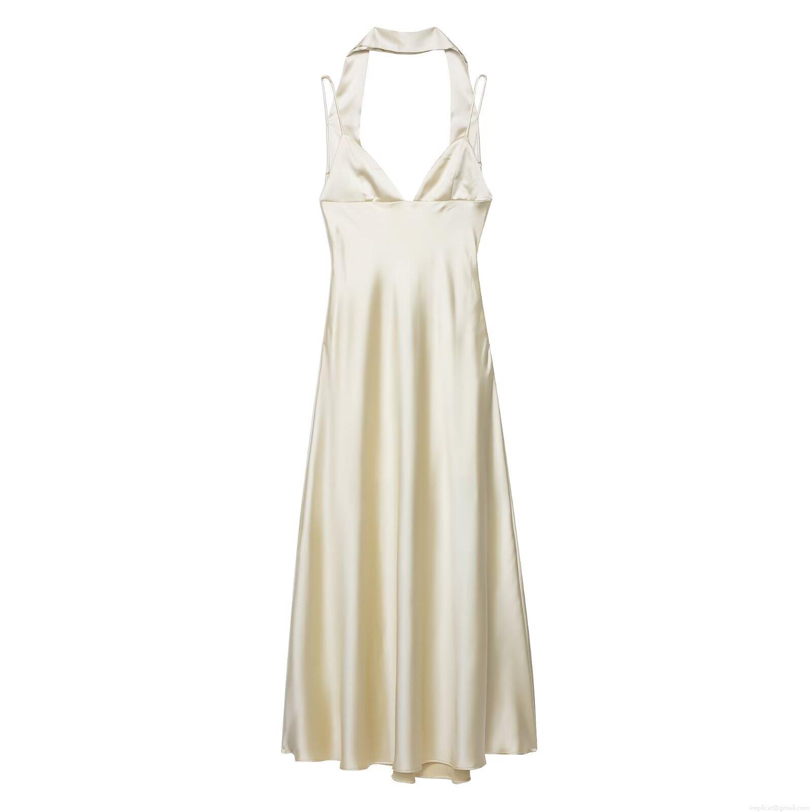 Elegant Women's Champagne Satin Maxi Dress With Scarf Detail Halter Neck Backless V-Neck Slim Fit Sleeveless Evening Party Formal Gown Silky Texture Long Dress For Women