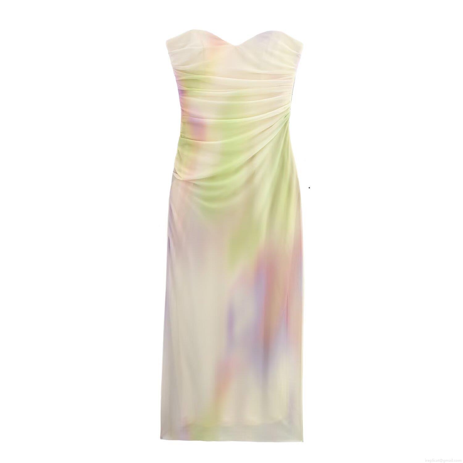 Women's Elegant Gradient Print Mesh Tube Top Maxi Dress With Sweetheart Neckline Ruched Slim Fit Long Dress For Banquet Party Prom Evening