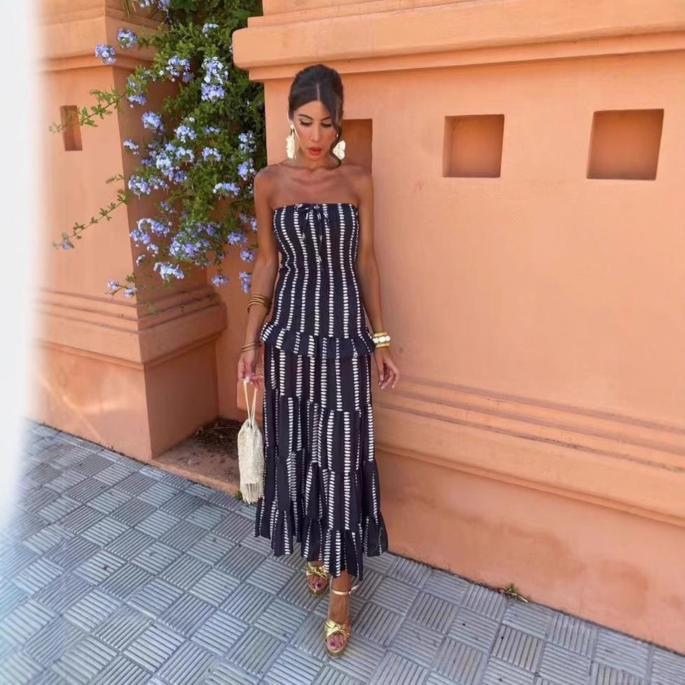 Women's Strapless Striped Maxi Dress Bohemian Tiered Ruffle Long Dress Summer Vacation Beach Party Polyester Strapless Tube Top Dress