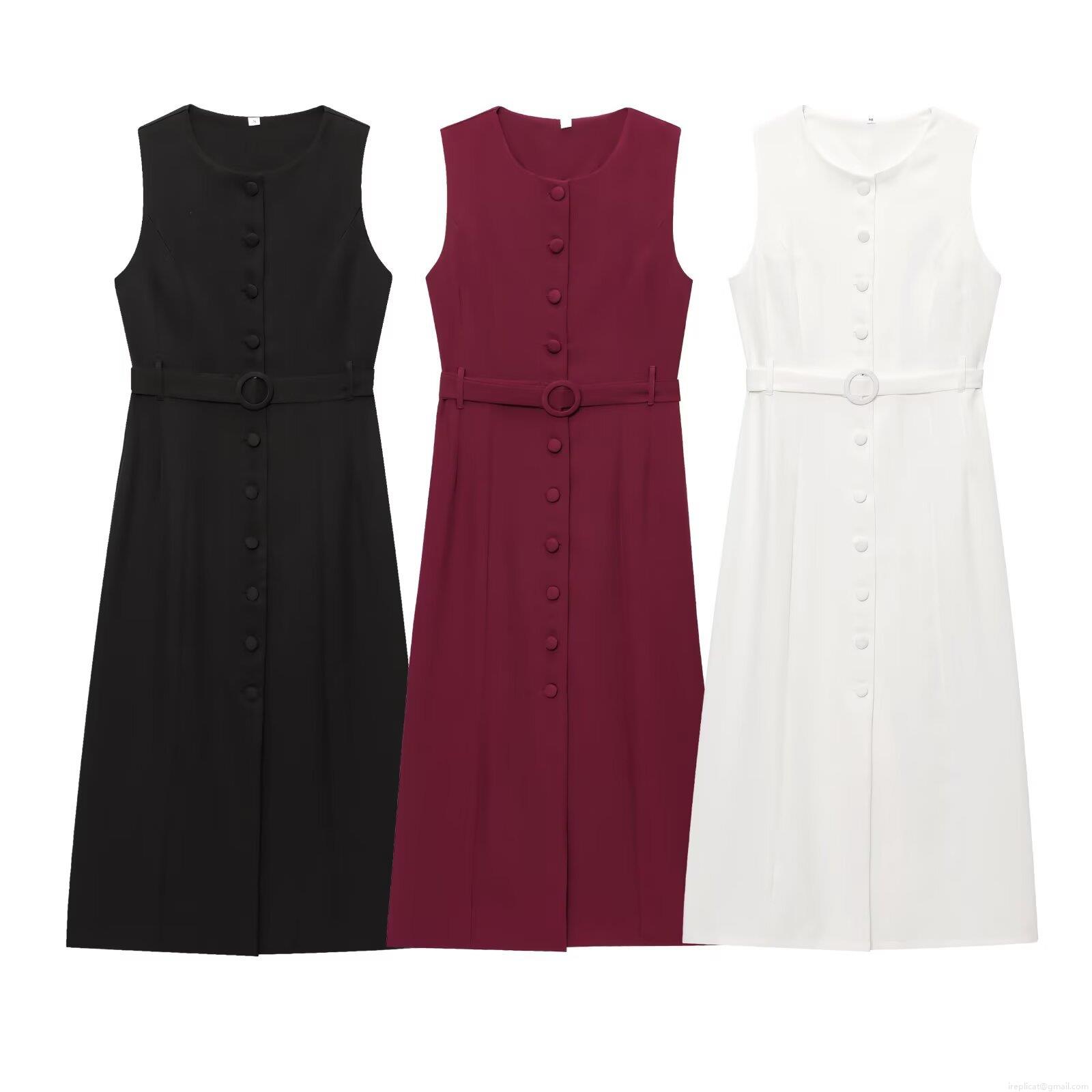 Women's Sleeveless Single-Breasted Maxi Dress Polyester Solid Color Elegant Slim Sundress With Belt For Party Dating Ladies Casual Elegant Clothing