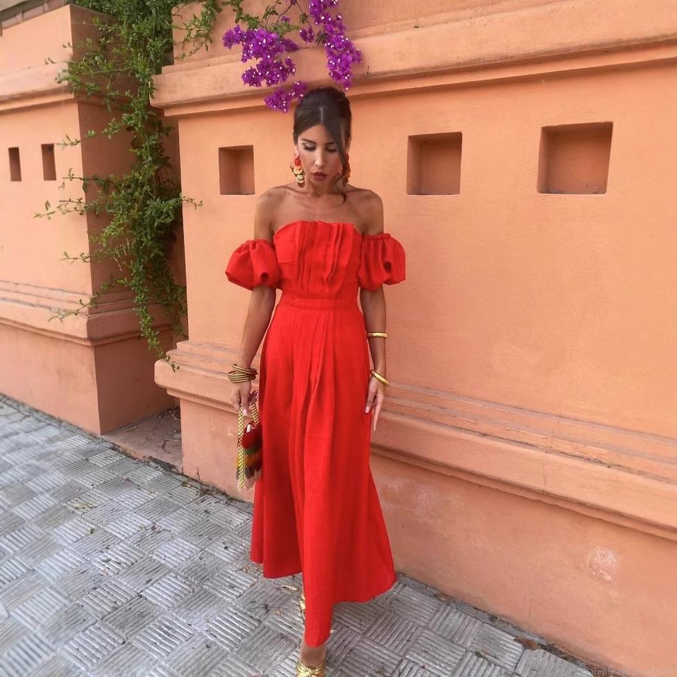 Women's Elegant Off Shoulder Ruched Maxi Dress Sexy Puff Sleeve Backless Bandeau Dress Vacation Beach Party Polyester Linen Texture Dress