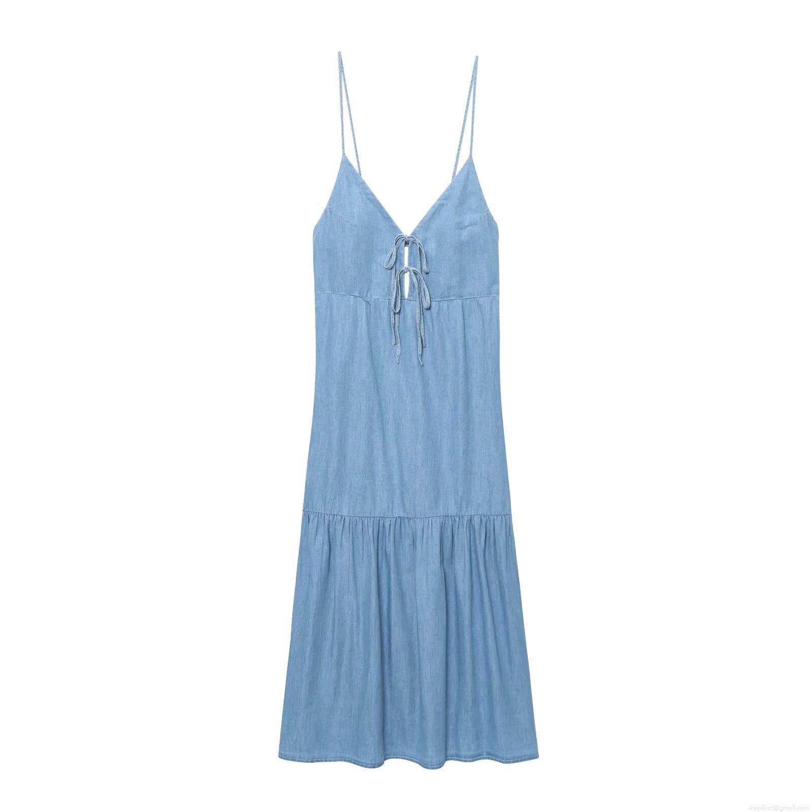 Women Sexy V Neck Backless Bow Tie Maxi Dress Cotton Polyester Blend Denim Style Spaghetti Strap Tiered Ruffled Hem Summer Casual Vacation Elegant Dress