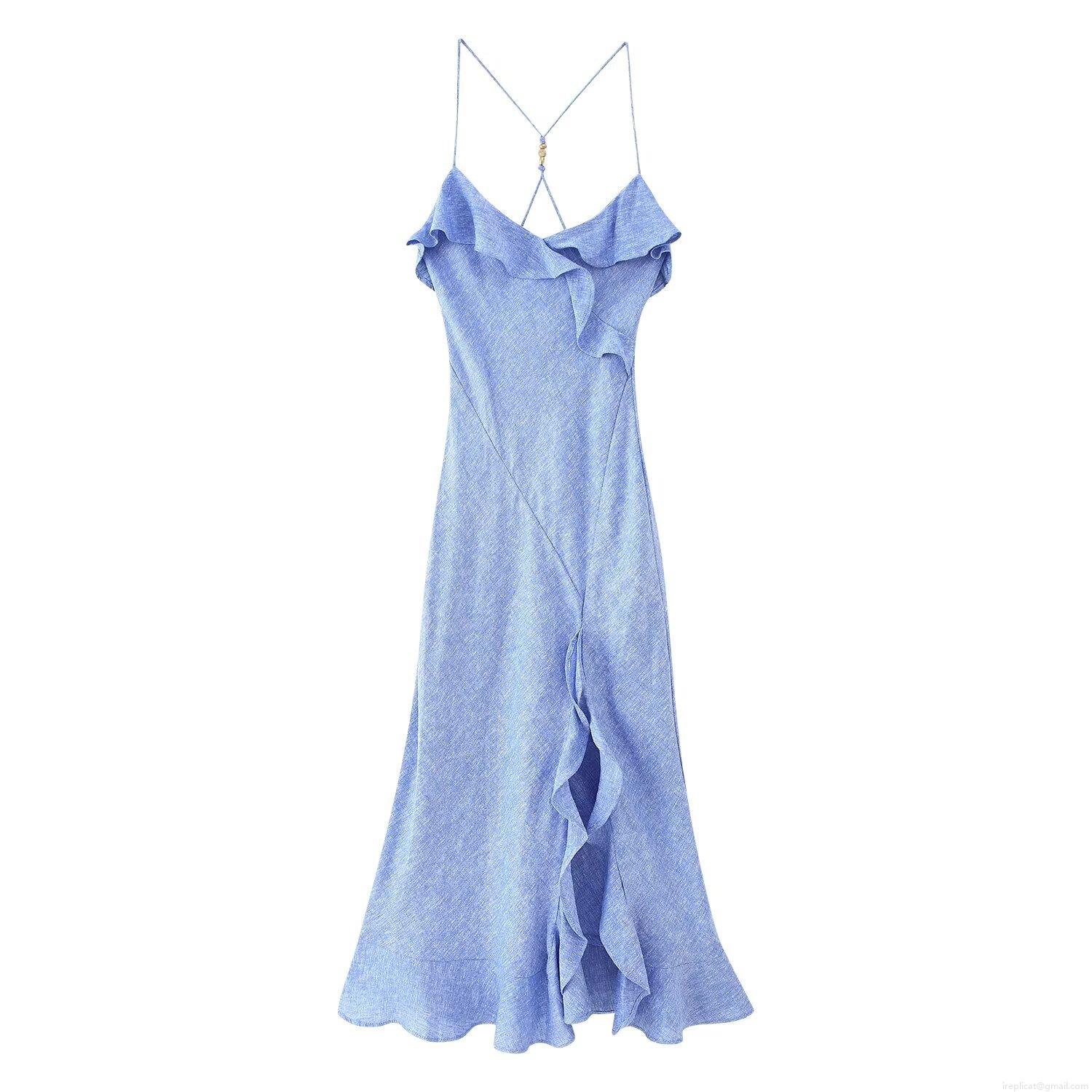 Elegant Women Light Blue Linen Blend V Neck Cami Maxi Dress With Backless Ruffle Side Slit Summer Vacation Beach Party Dress For Women