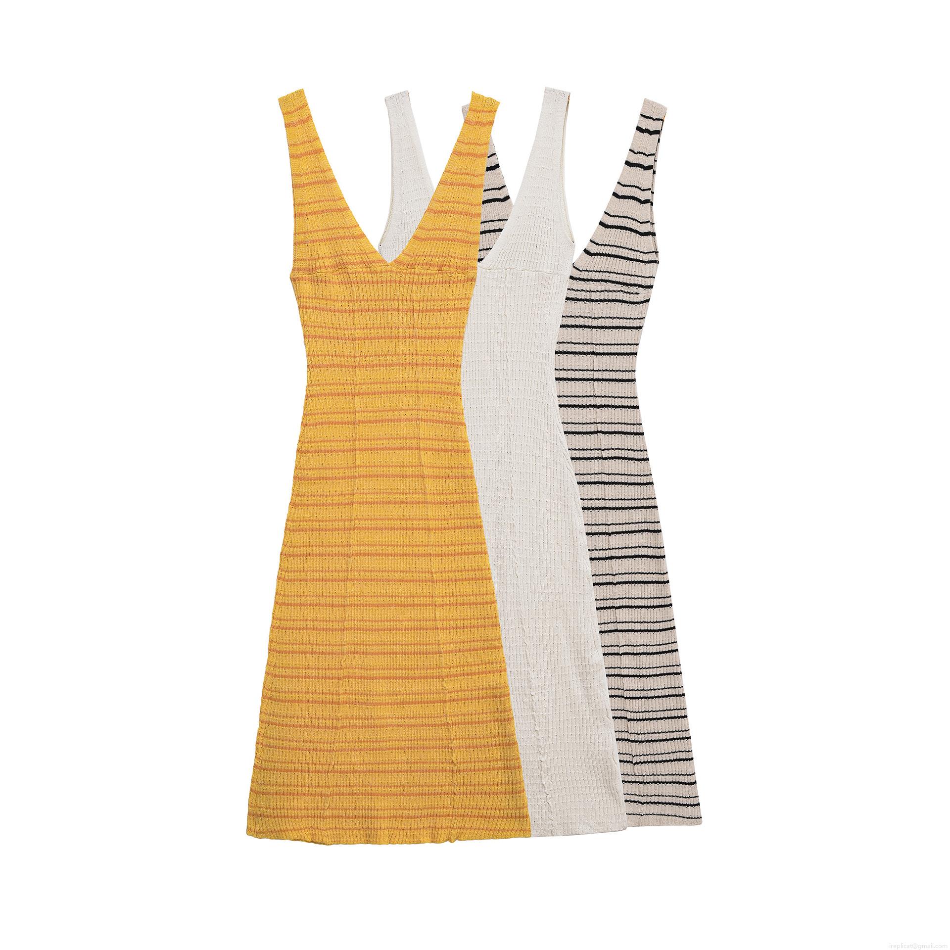 Women's Elegant V-Neck Sleeveless Knit Maxi Dress Sexy Slim Fit Striped Ribbed Sling Dress For Summer Party Dating Beach Daily Wear Lady Clothing