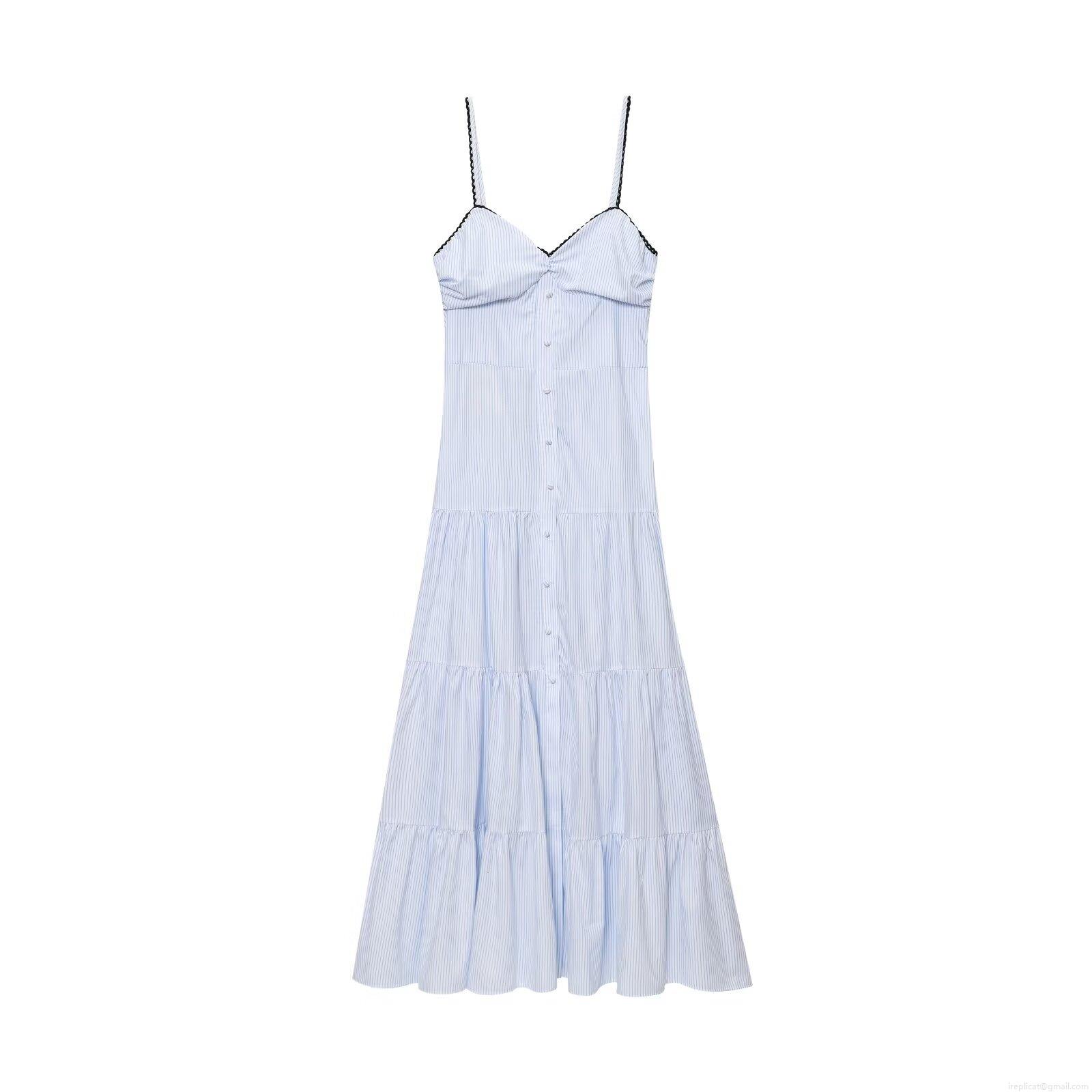 Women's Striped Camisole Maxi Dress Blue White Vertical Stripe Tiered Long Dress With Black Lace Trim For Summer Beach Vacation Party Elegant Lady Clothing