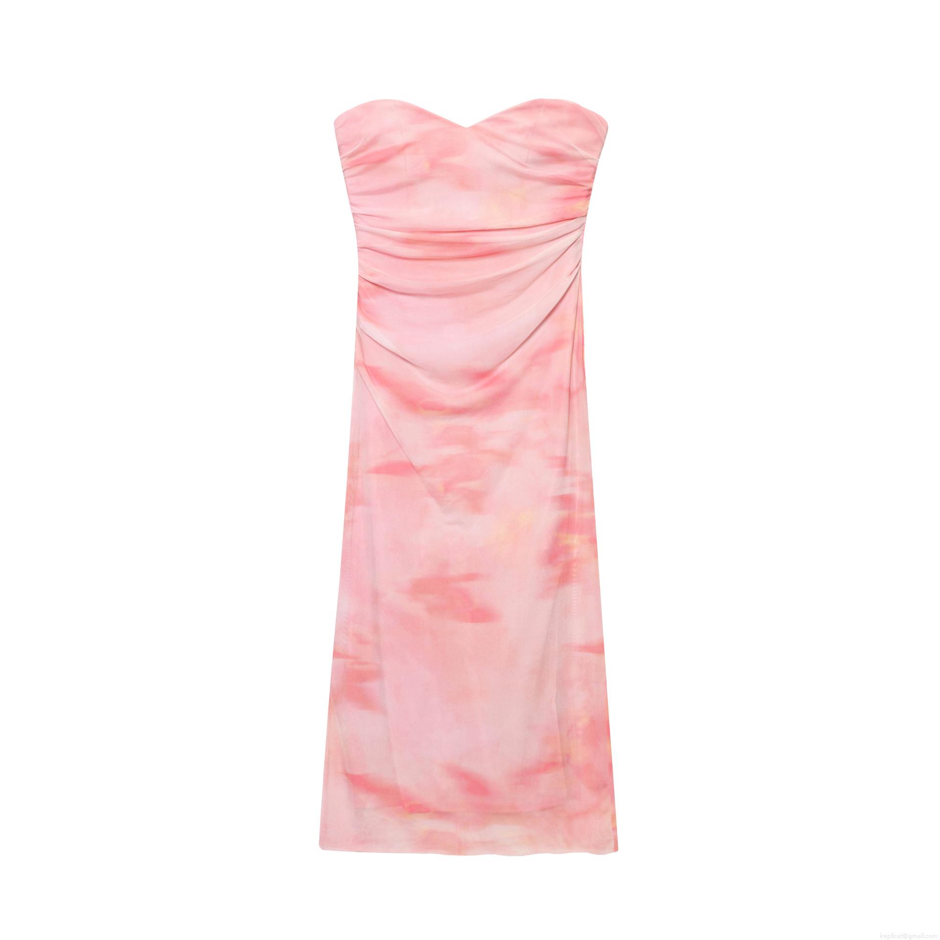 Women Strapless Ruched Mesh Maxi Dress Floral Print Gradient Sexy Bodycon Slim Fit Long Dress For Party Club Wedding Guest Elegant Summer Outfits