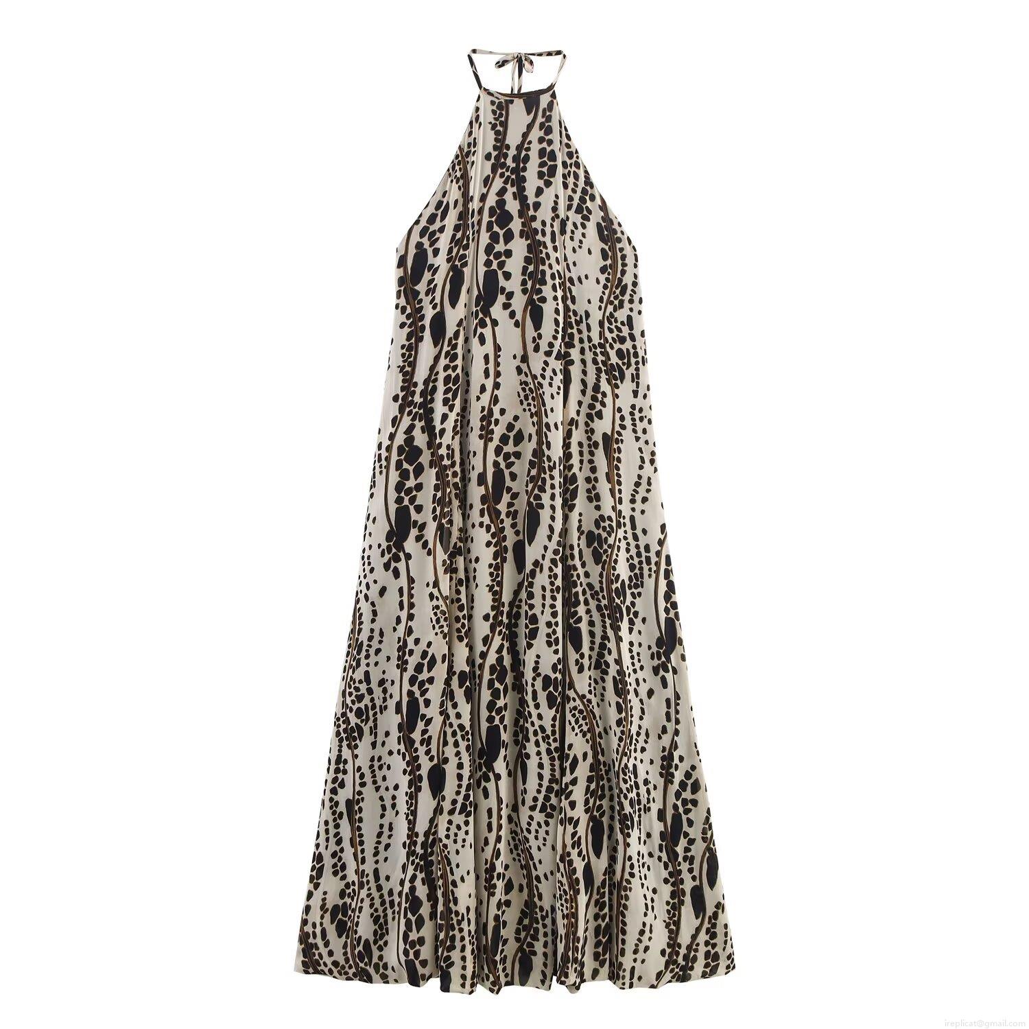 Women's Elegant Halter Neck Leopard Print Maxi Dress Sexy Backless Sleeveless Animal Pattern A-Line Long Dress For Party Evening Banquet