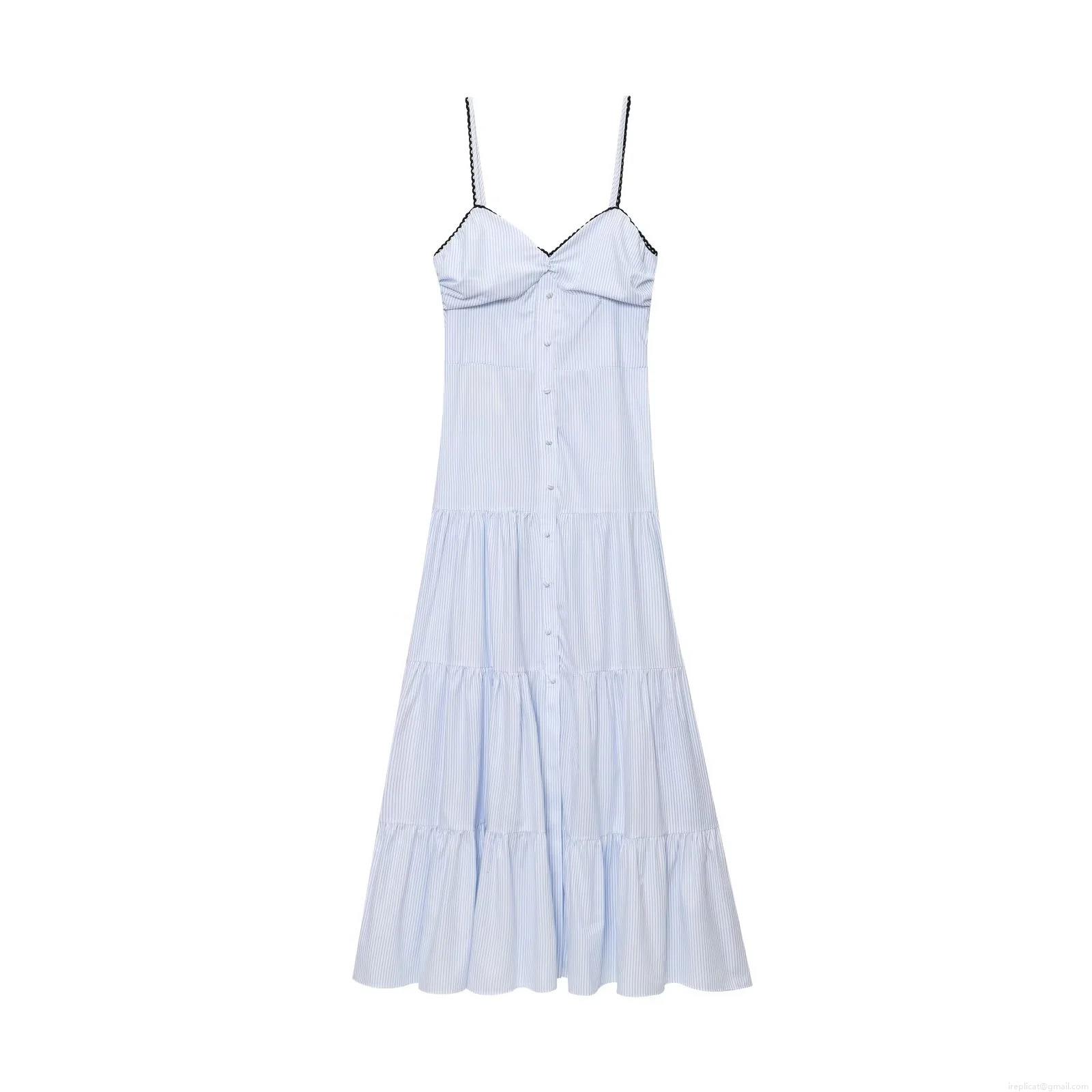 Women's Sweet Vacation Blue White Striped Camisole Maxi Dress V-Neck Lace Trim Tiered Cake Skirt Summer Sleeveless Casual Long Dress